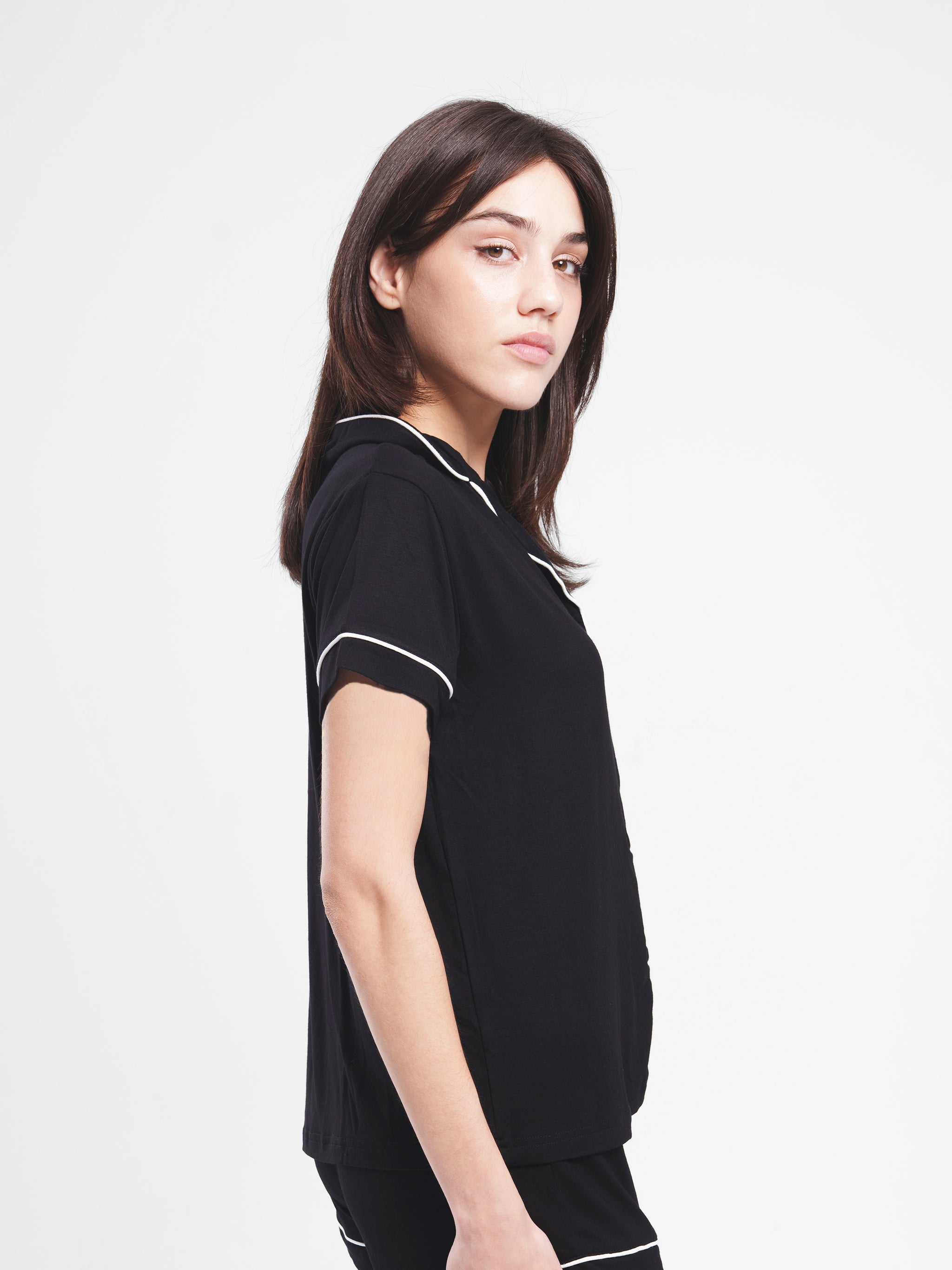 BLACK COTTON BUTTON UP PIPED SET