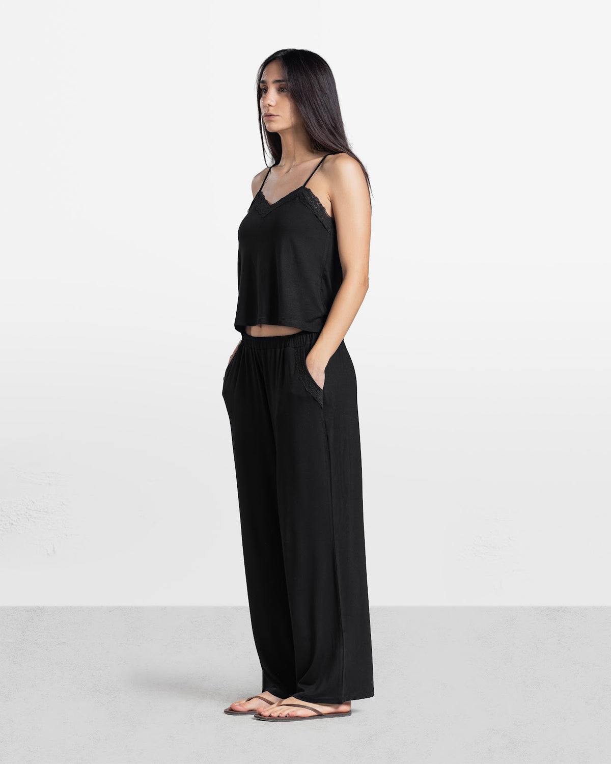 LACE TRIM CAMI PANTS SET BLACK 3