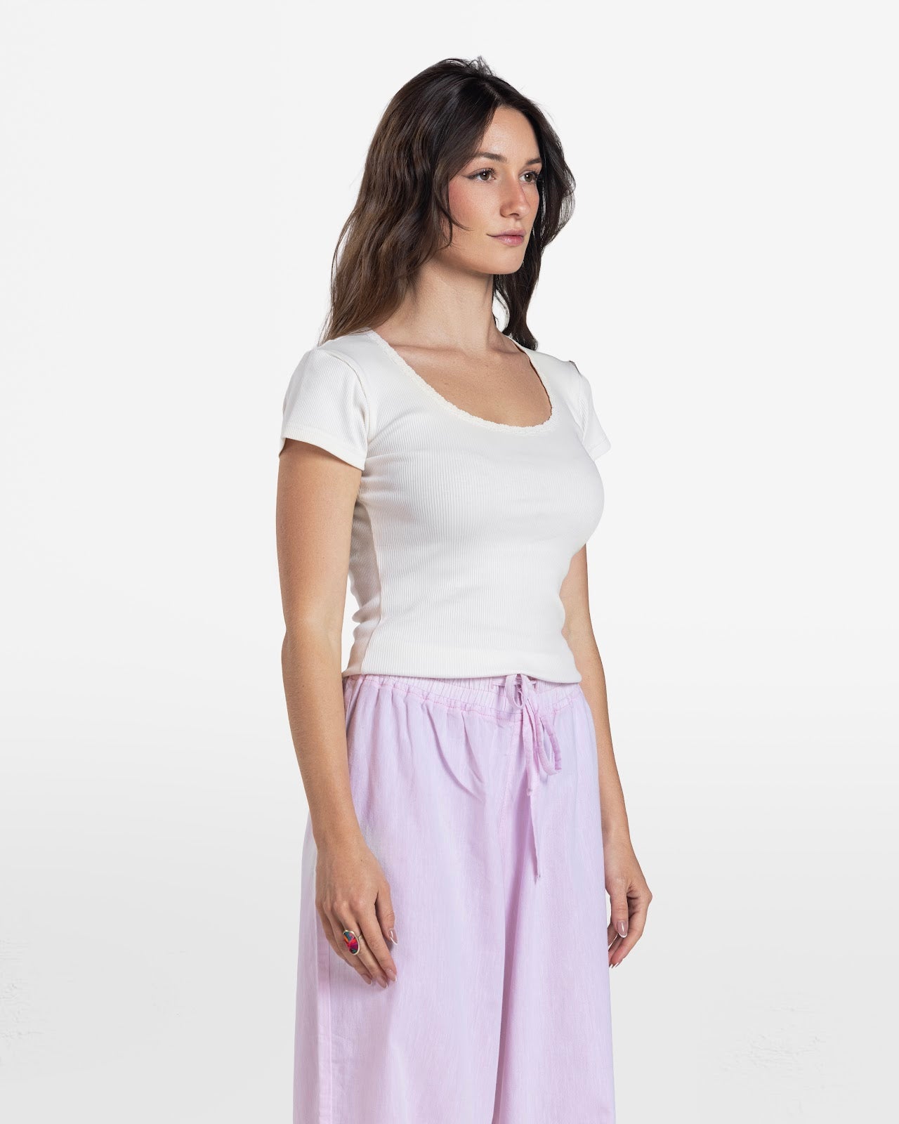 LACE RIBBED SHORT SLEEVE TOP OFF-WHITE 2