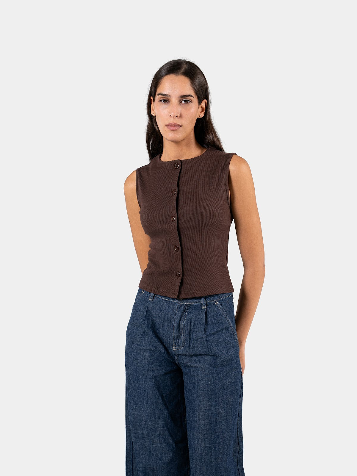 RIBBED BUTTON TANK BROWN 5