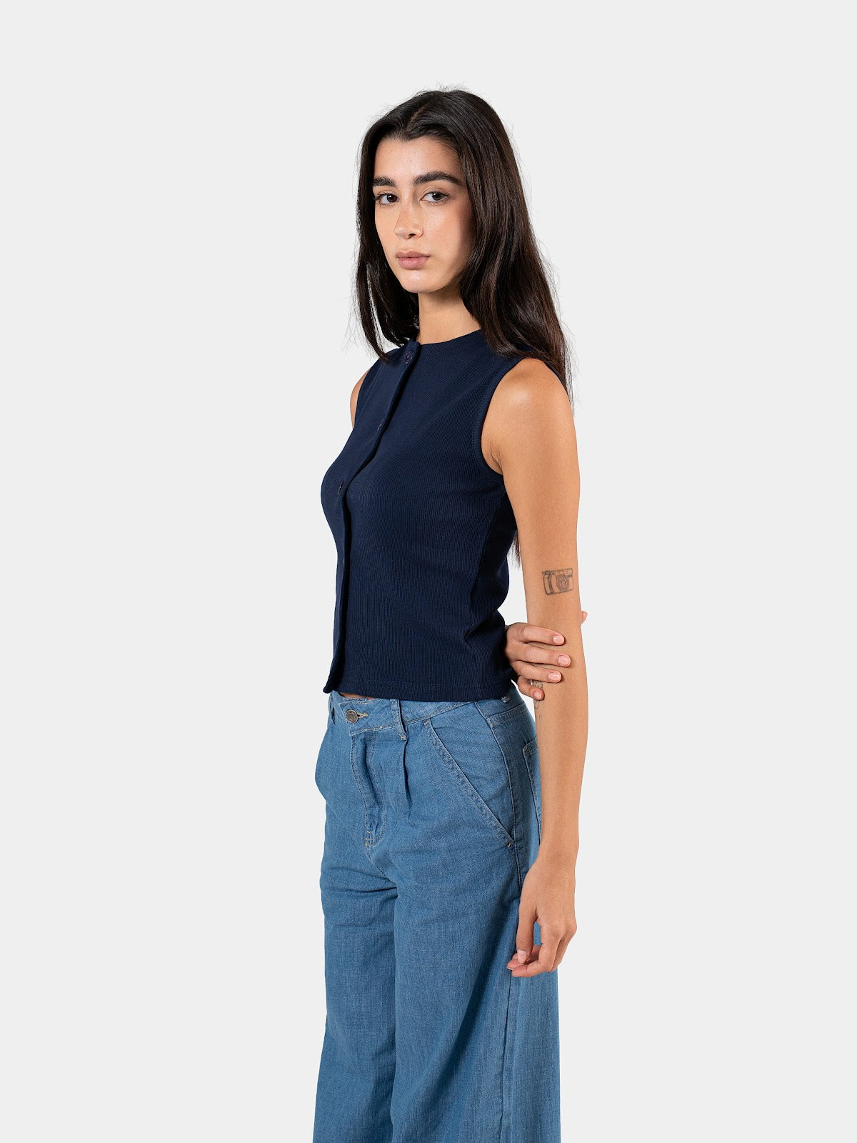 RIBBED BUTTON TANK NAVY 4