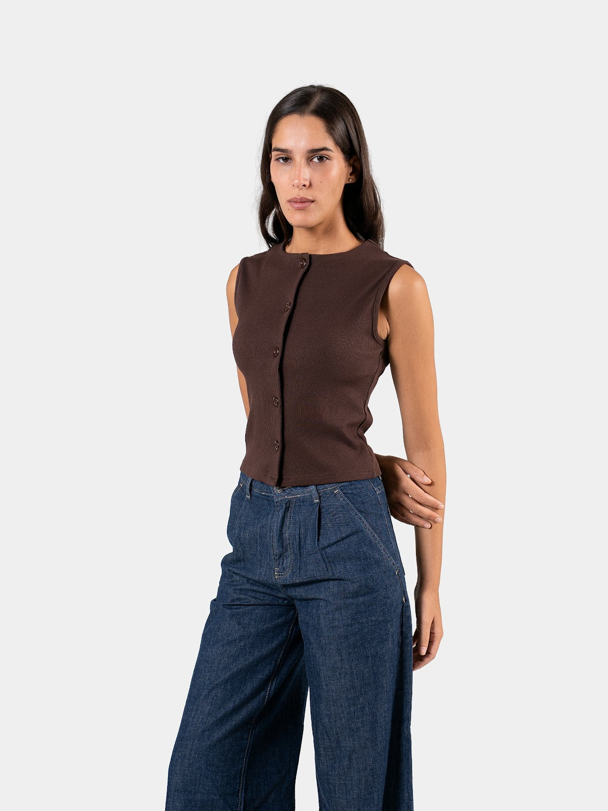 RIBBED BUTTON TANK BROWN 3