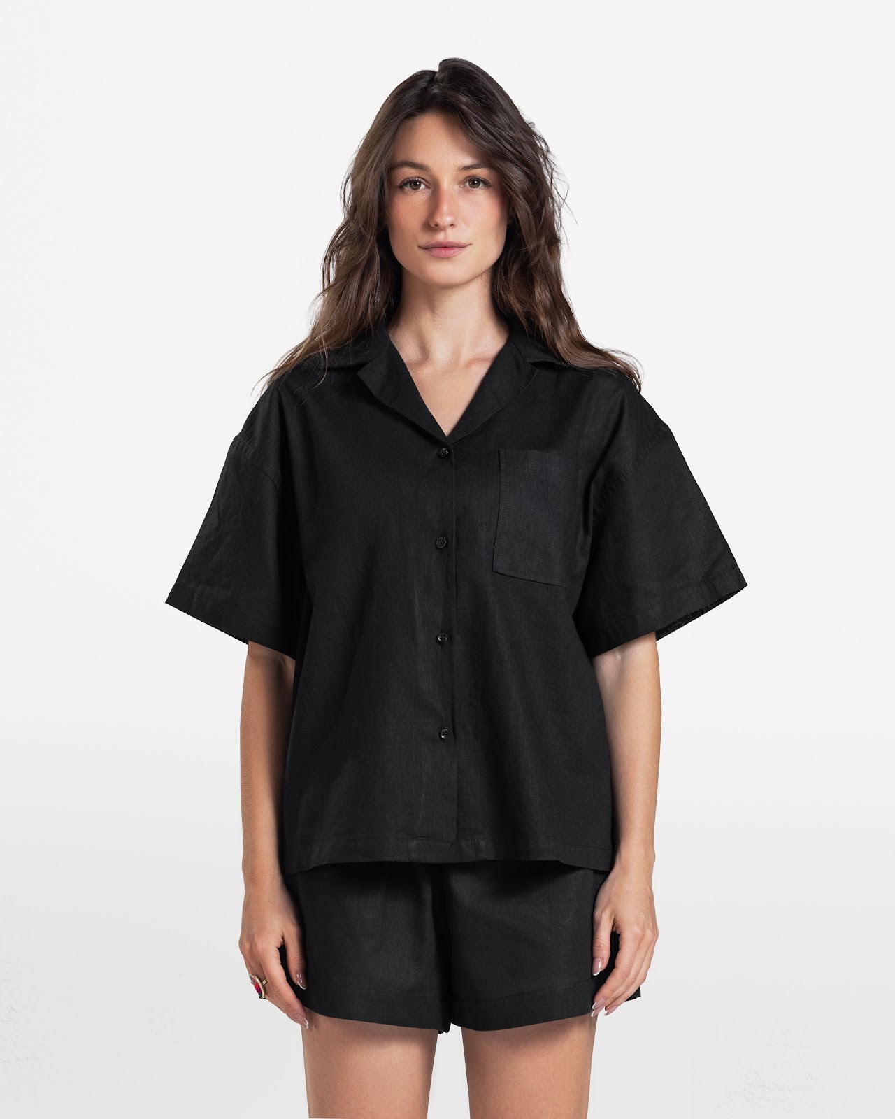 SHORT SLEEVE LINEN SHIRT BLACK 1