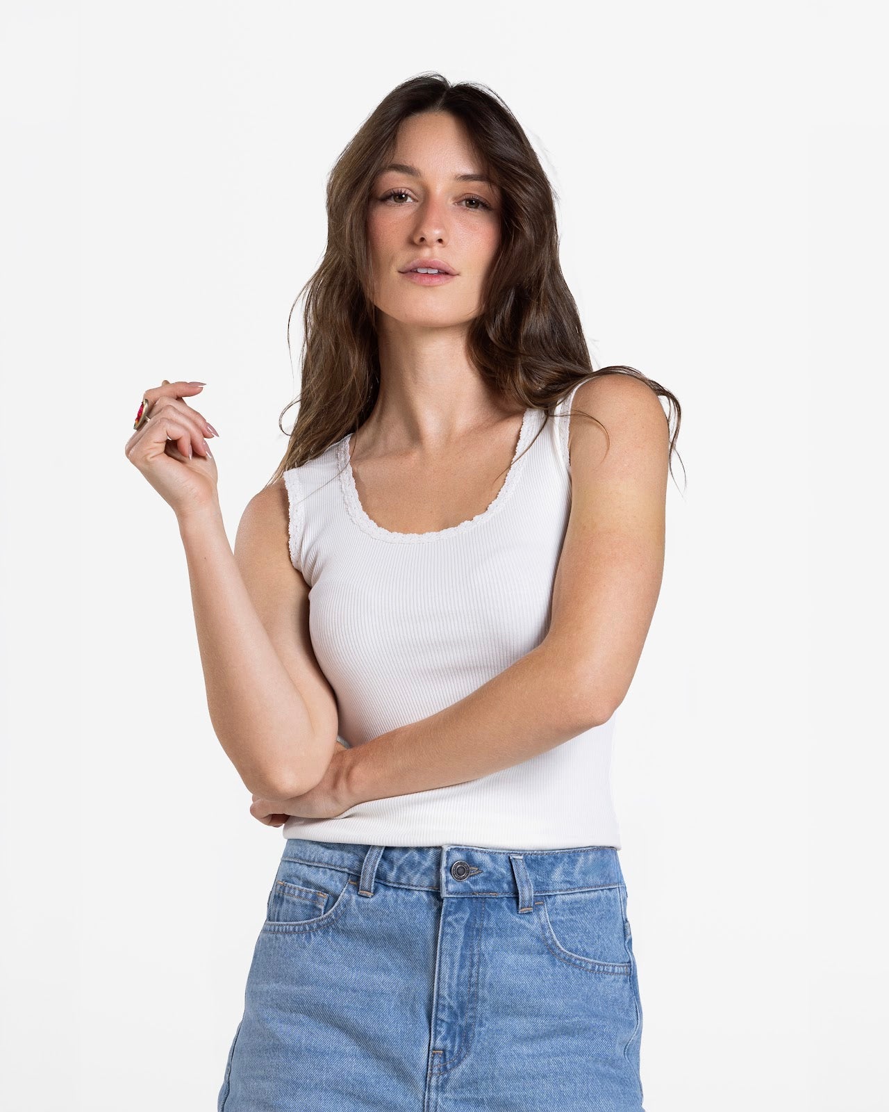 LACE RIBBED SHORT SLEEVE TOP WHITE 1