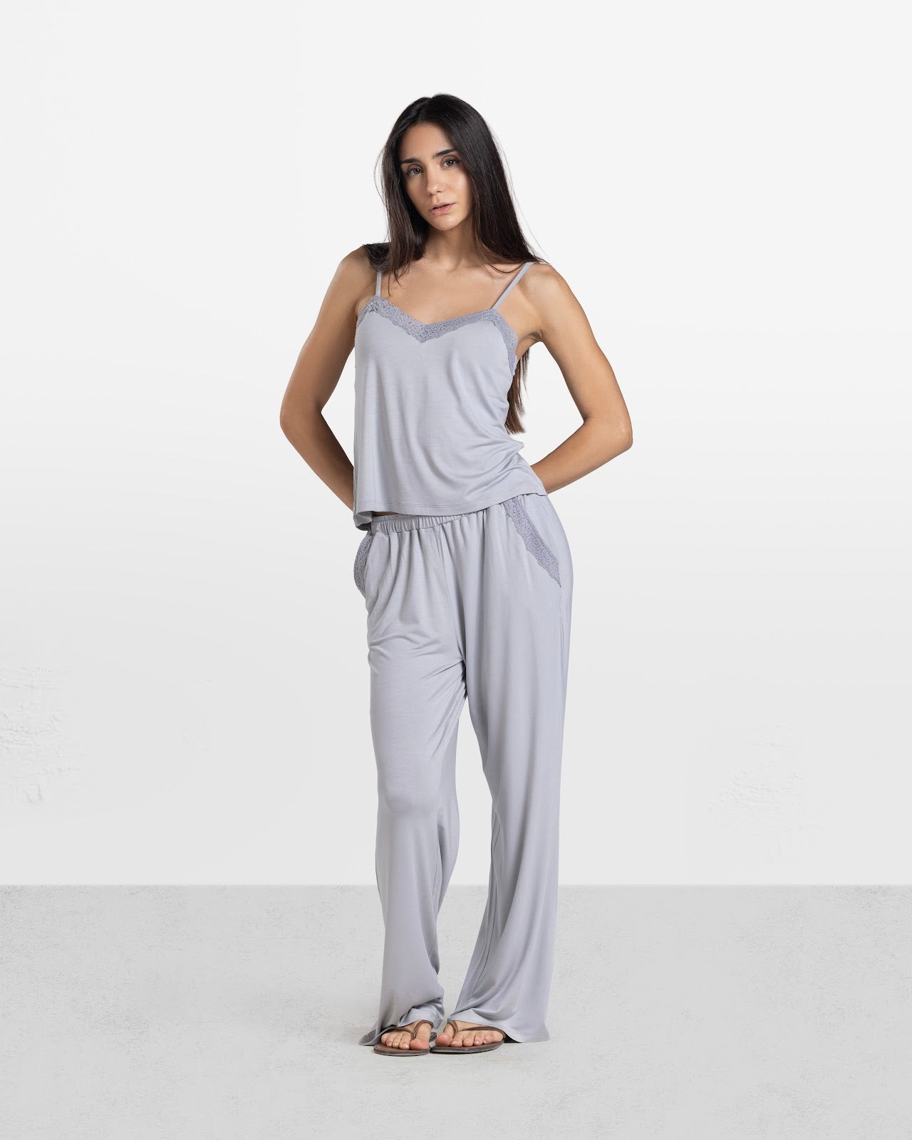 LACE TRIM CAMI PANTS SET LIGHT GREY 1