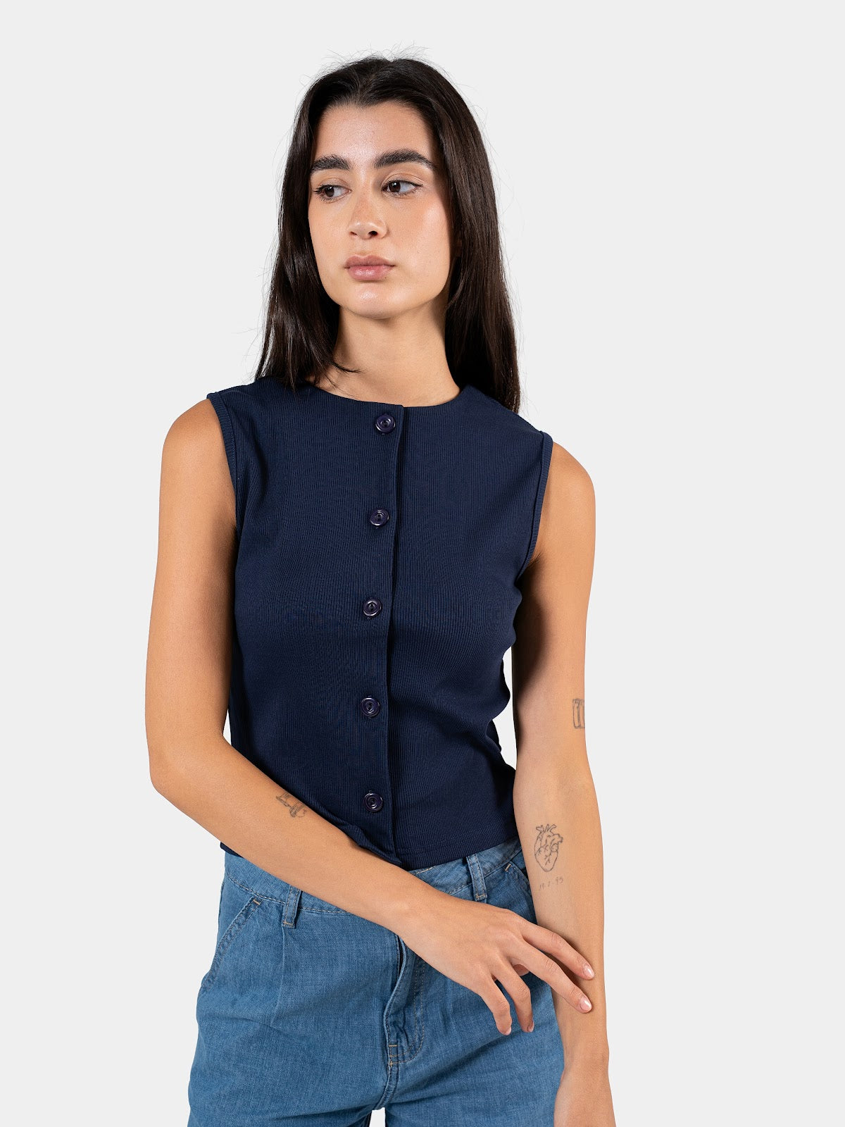 RIBBED BUTTON TANK NAVY 7