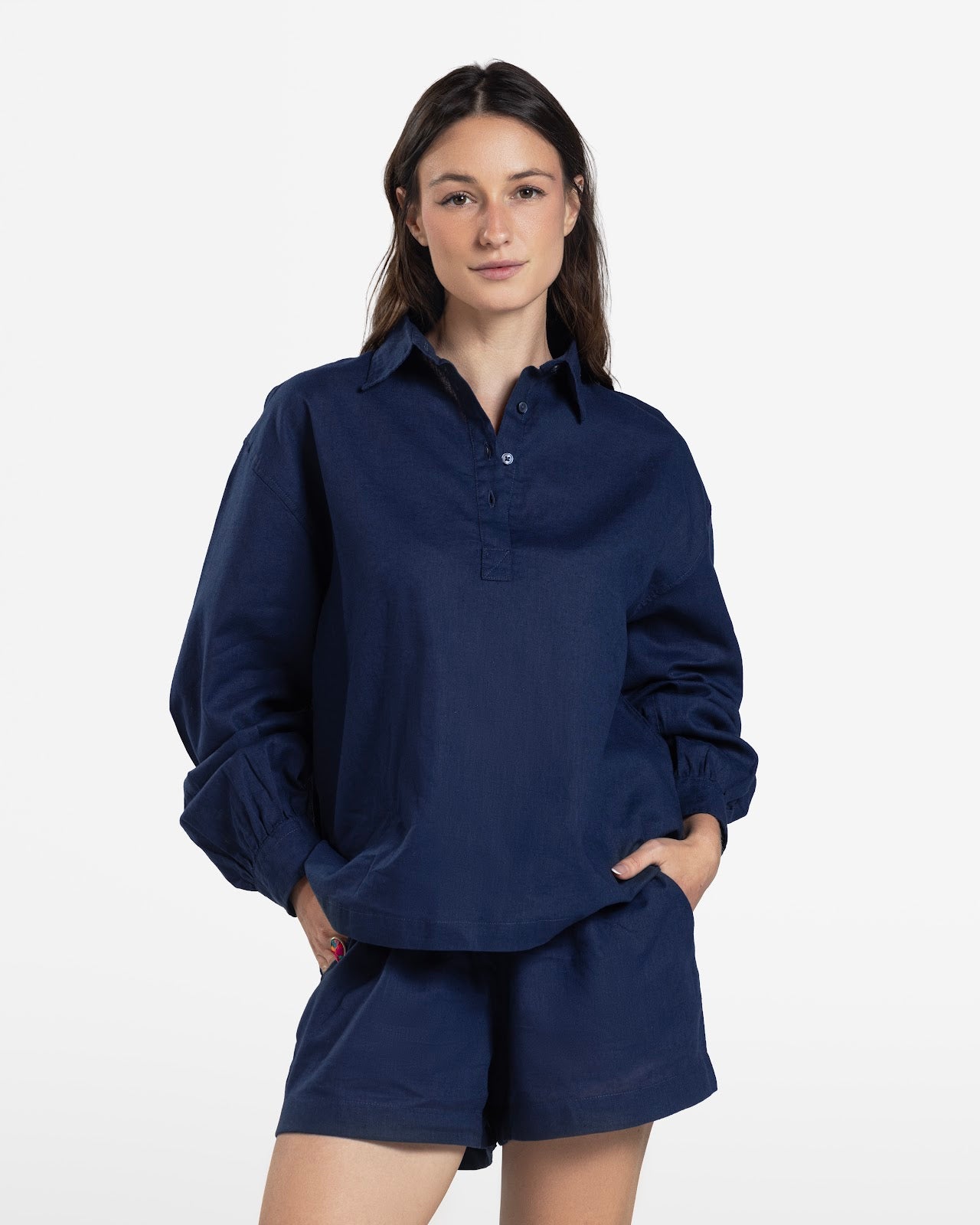 HAIF BUTTON DOWN LINEN SHIRT NAVY 1