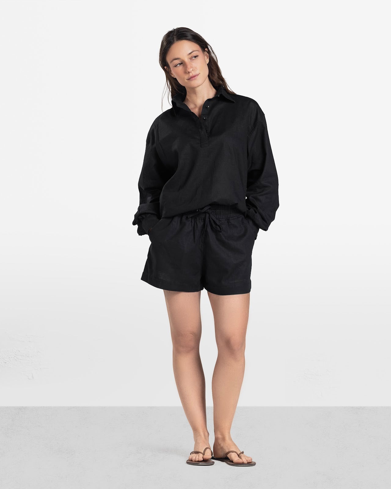 HAIF BUTTON DOWN LINEN SHIRT BLACK 2