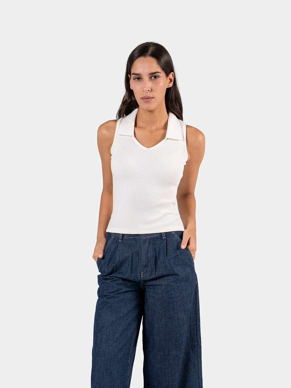 RIBBED COLLARED TANK TOP OFF-WHITE 1