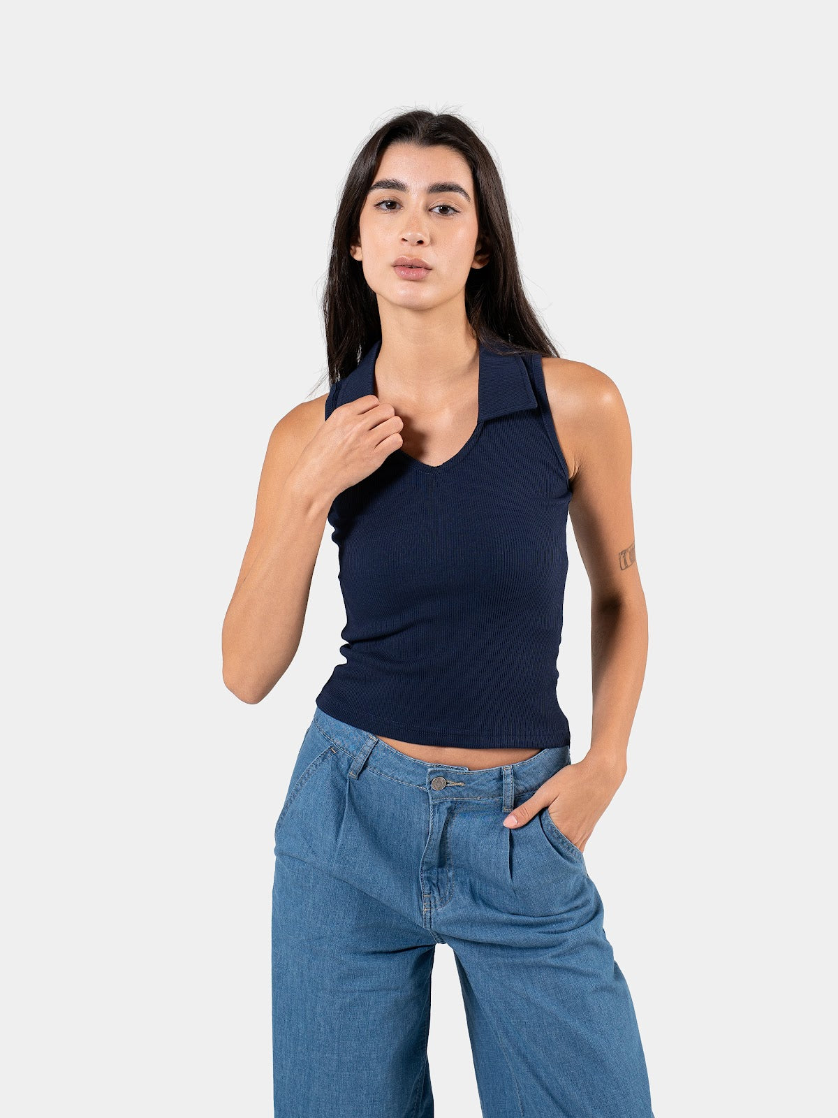 RIBBED COLLARED TANK TOP NAVY 3