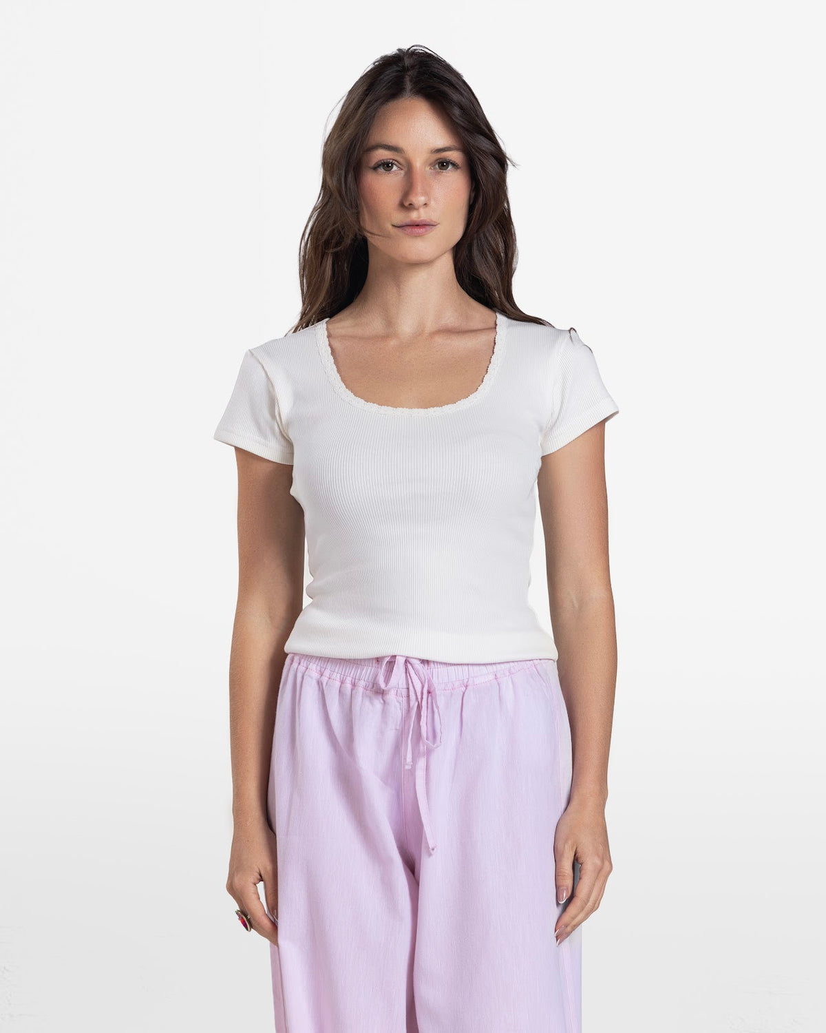 LACE RIBBED SHORT SLEEVE TOP OFF-WHITE 1