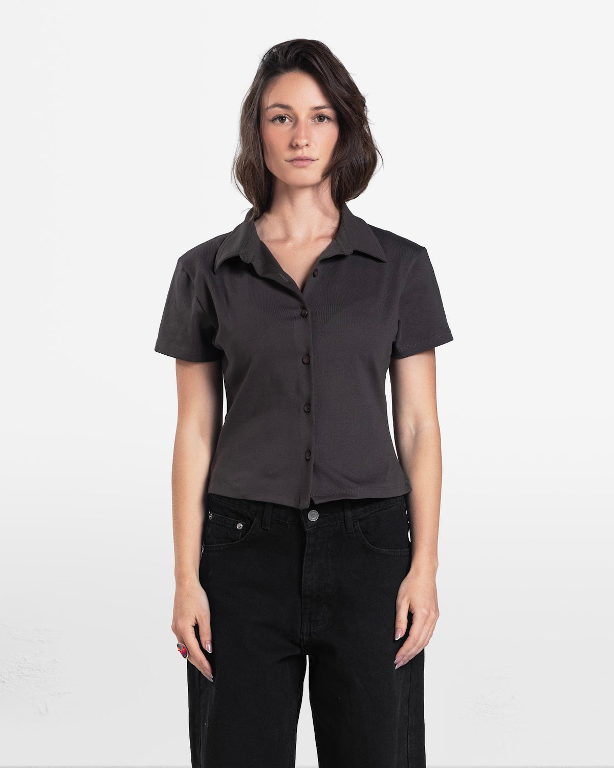 SHORT SLEEVE BUTTON DOWN SHIRT BROWN 1