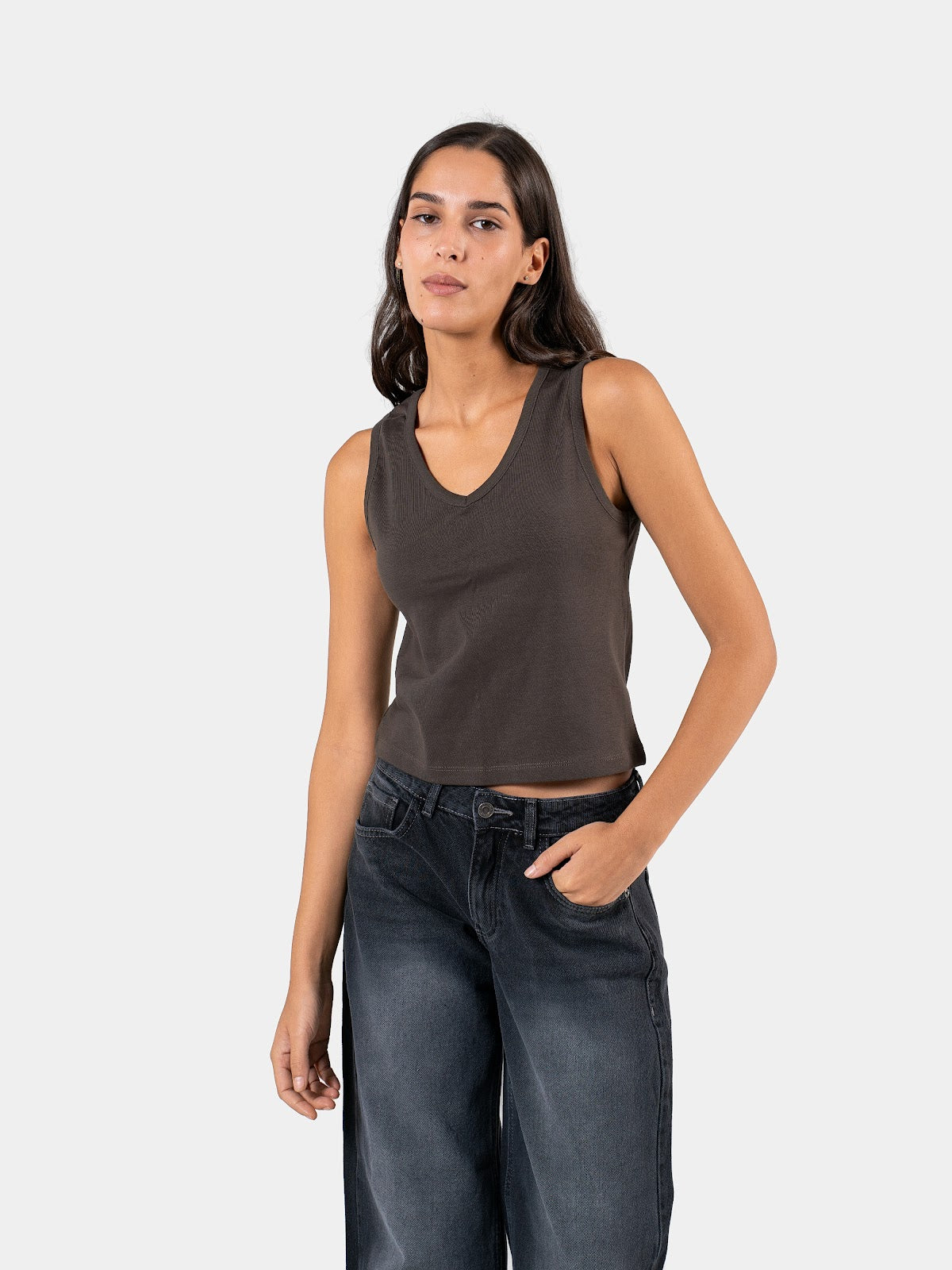 RELAXED V-NECK TANK TOP BROWN 2