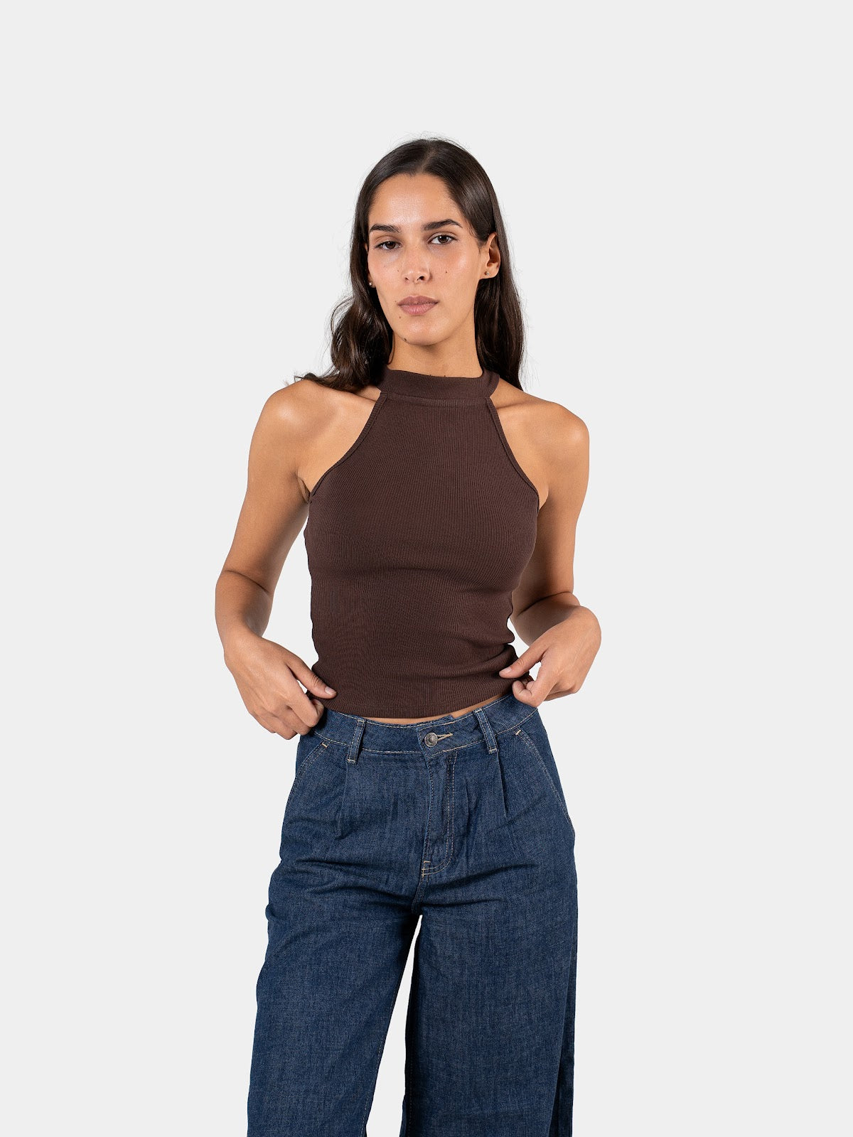RIBBED HALTER TOP BROWN 3