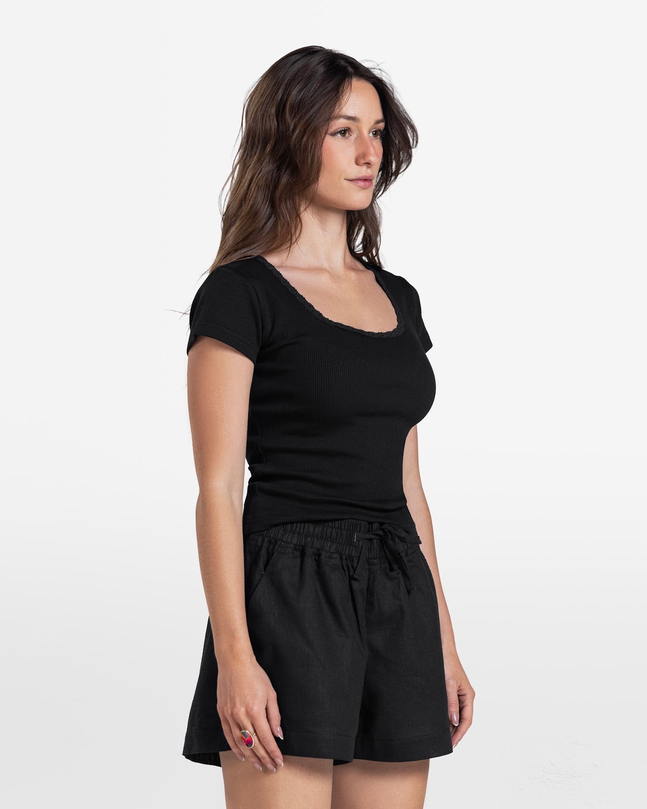 LACE RIBBED SHORT SLEEVE TOP BLACK 3