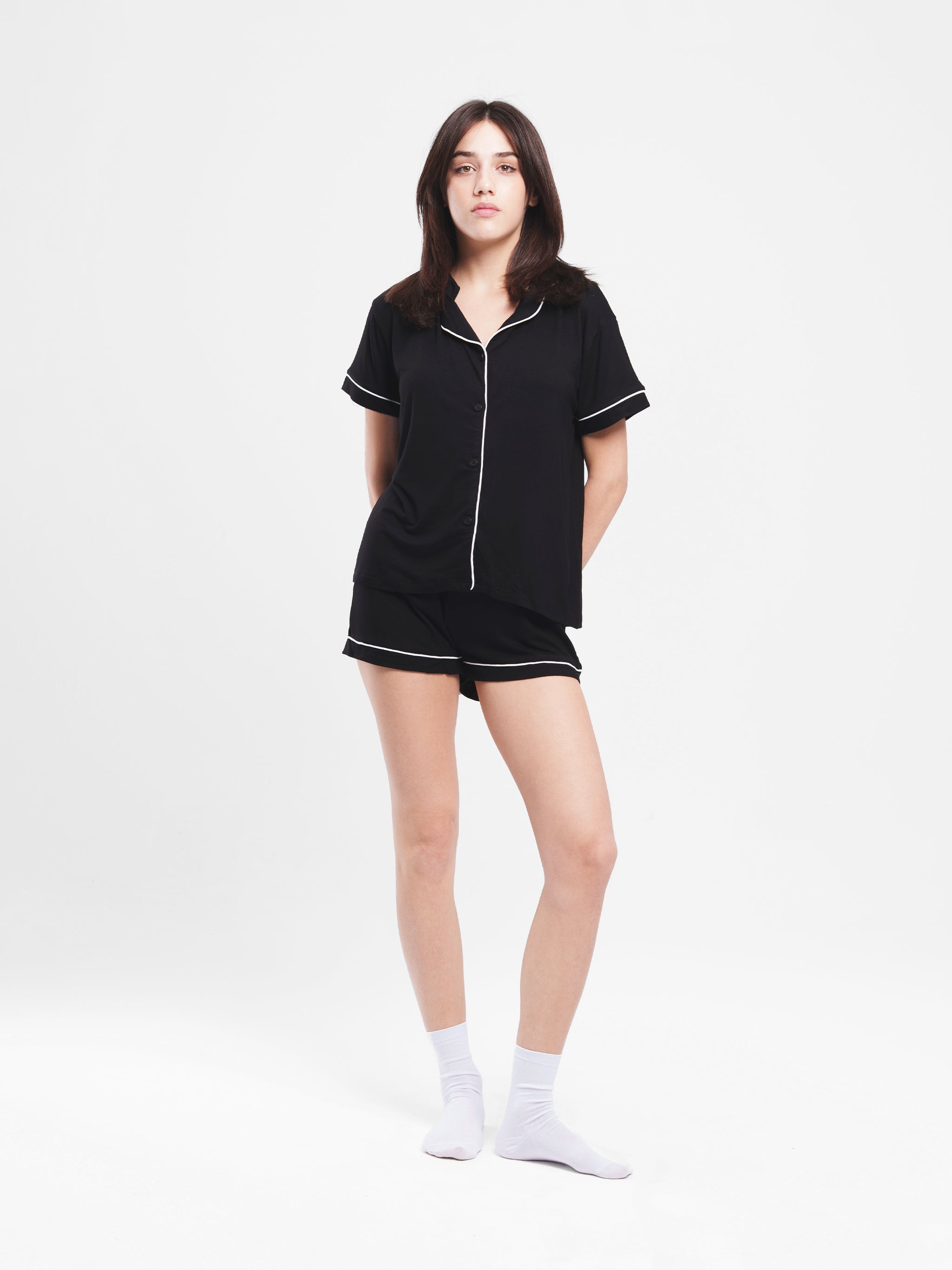 BLACK COTTON BUTTON UP PIPED SET