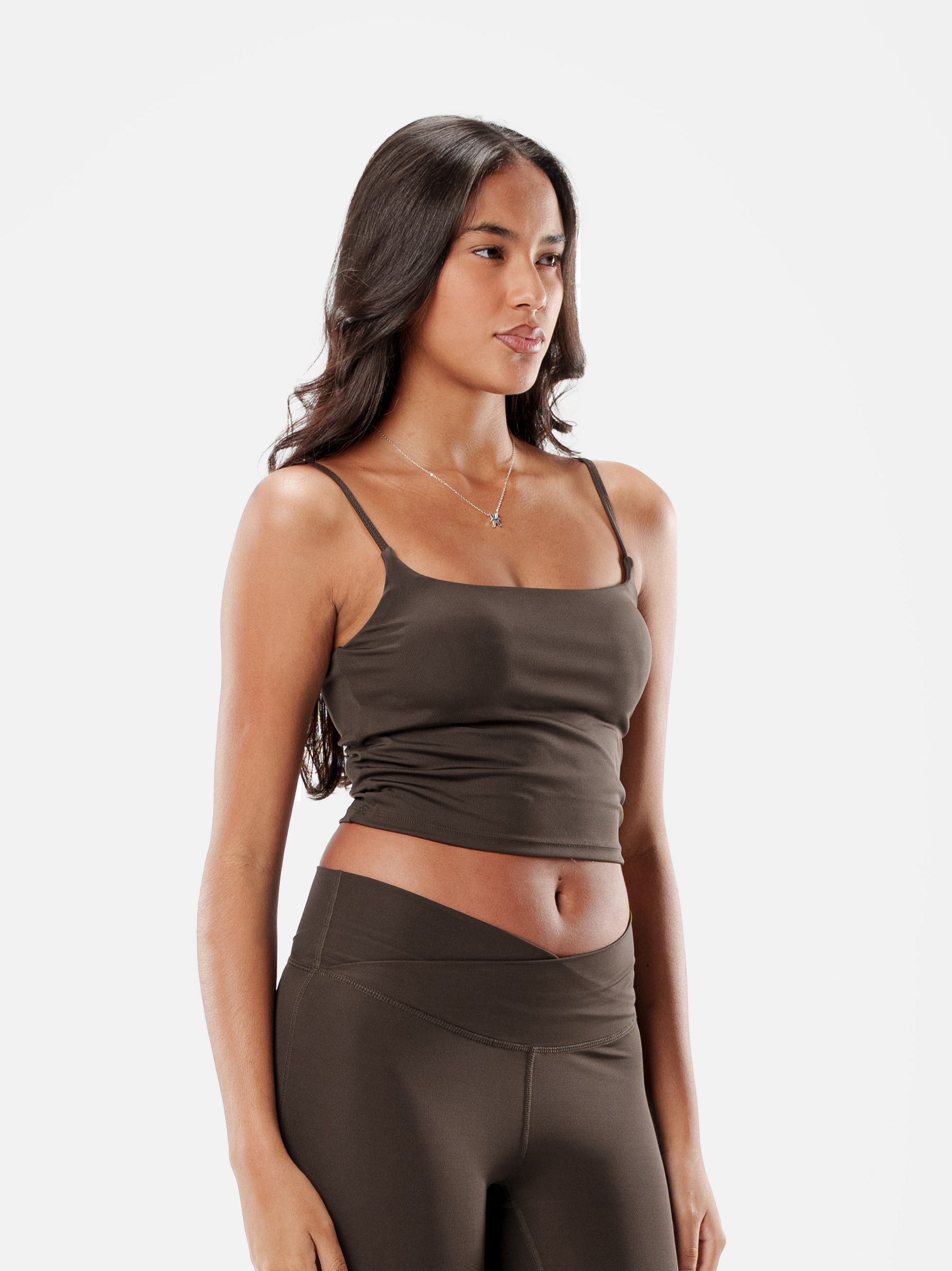 BROWN MOVE CROPPED SPAGHETTI TOP