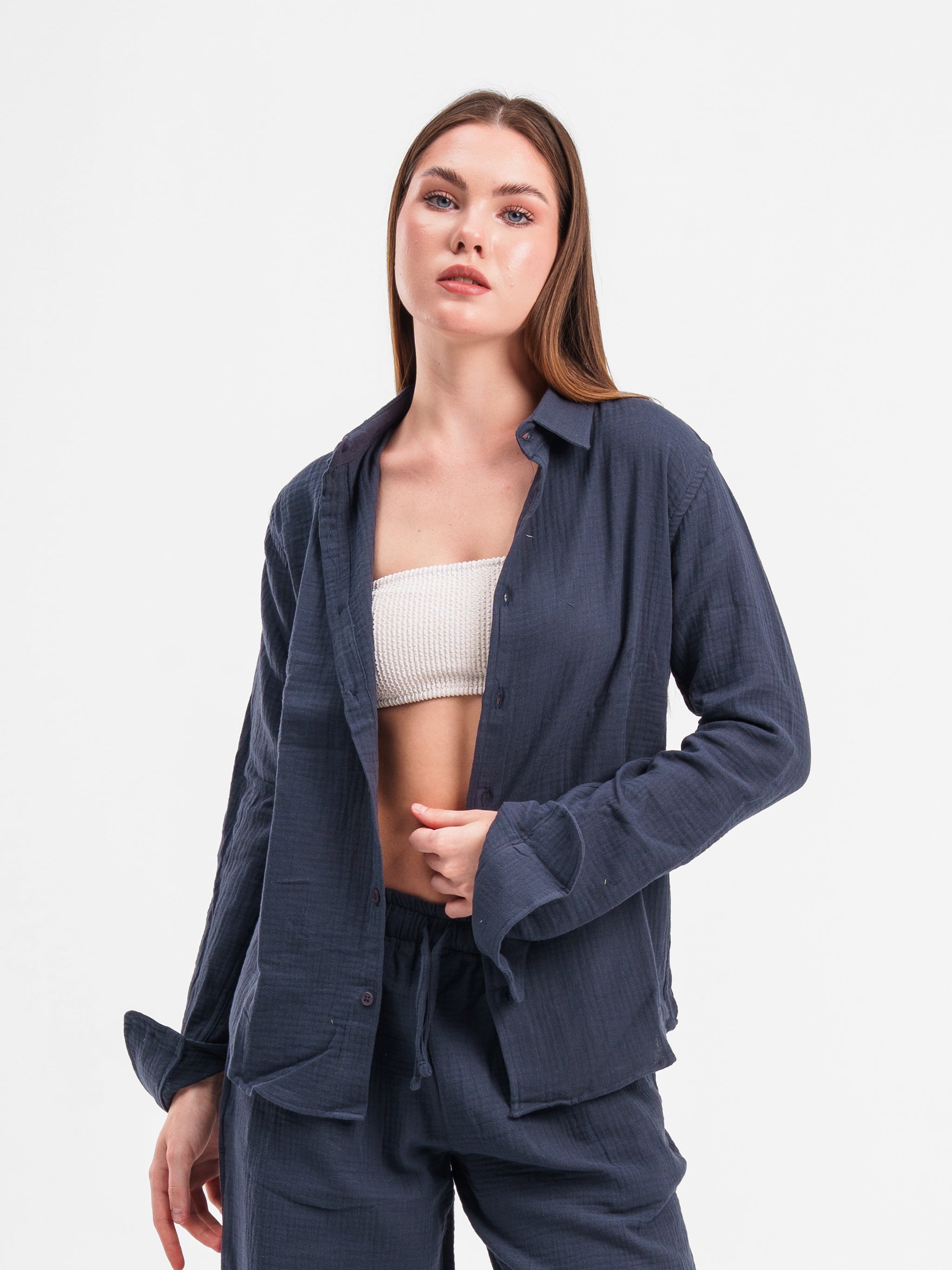NAVY RIPPLED LINEN SHIRT