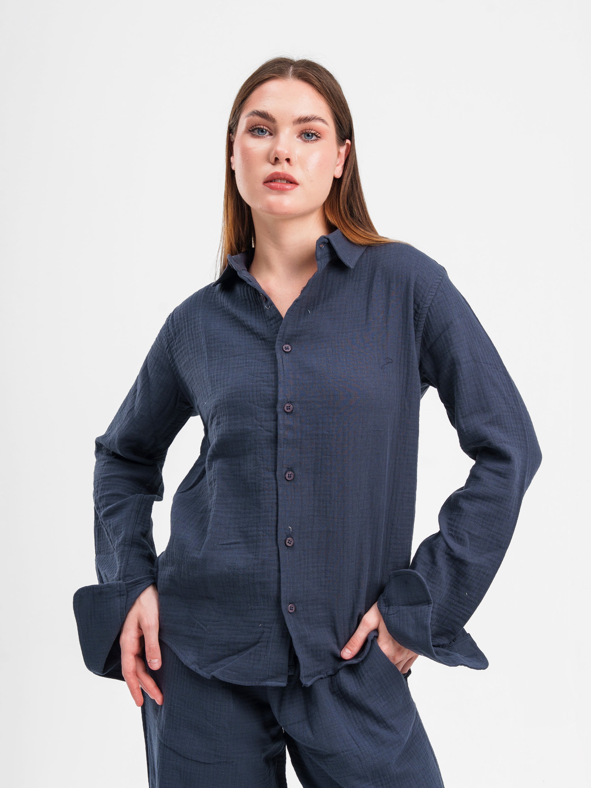 NAVY RIPPLED LINEN SHIRT