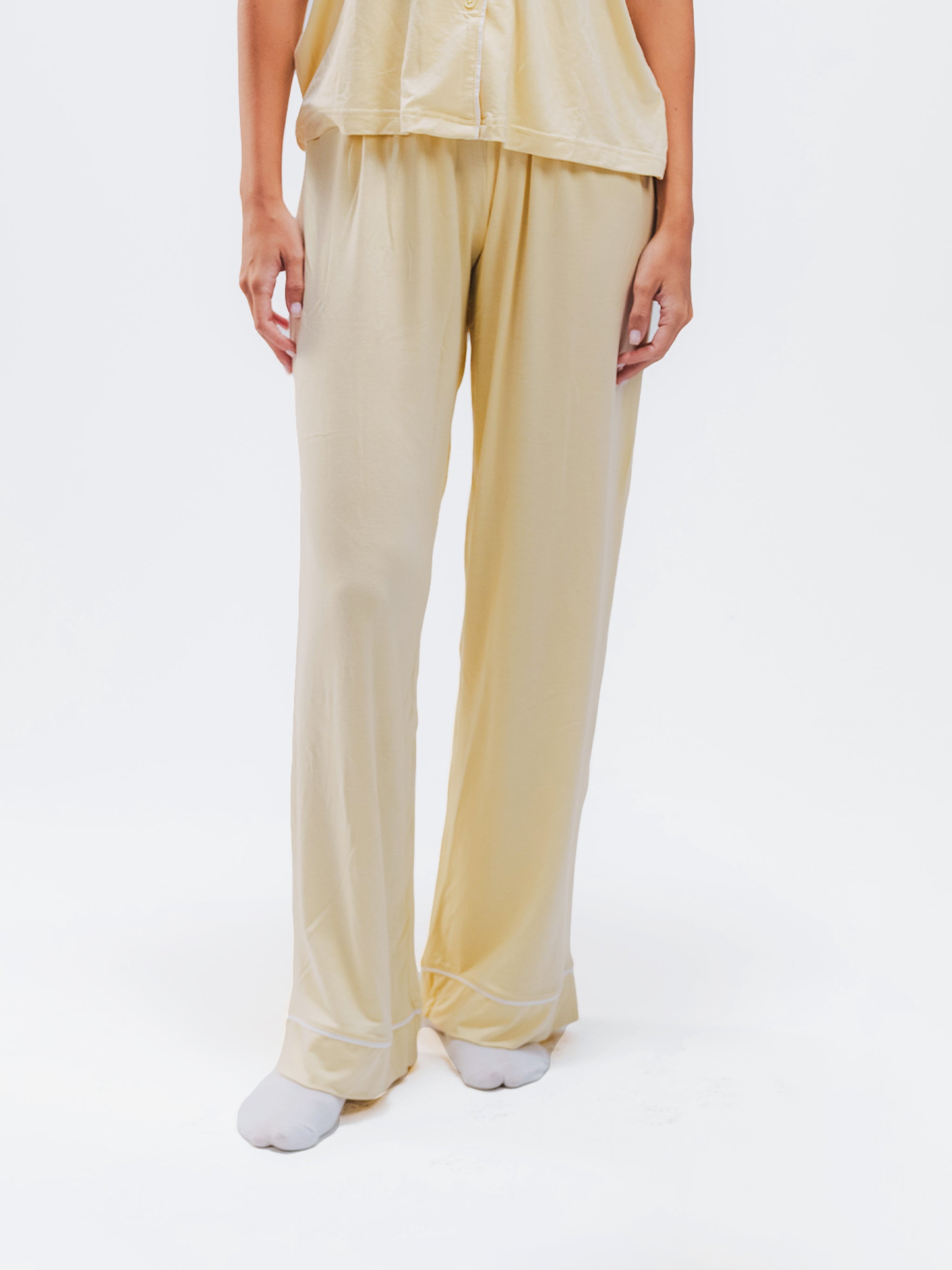 BUTTER YELLOW PIPED SHORT SLEEVE & PANTS SET