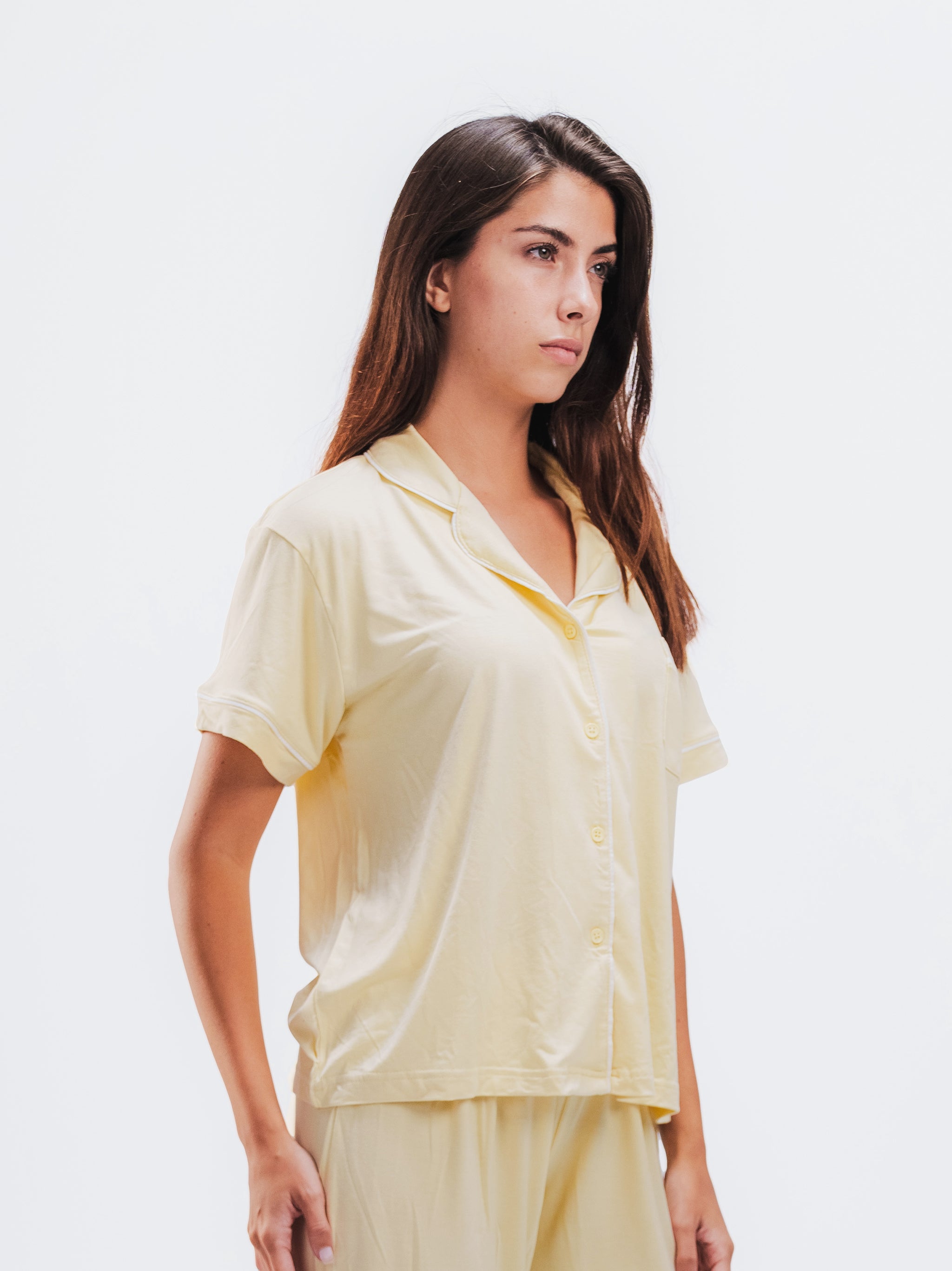 BUTTER YELLOW PIPED SHORT SLEEVE & PANTS SET