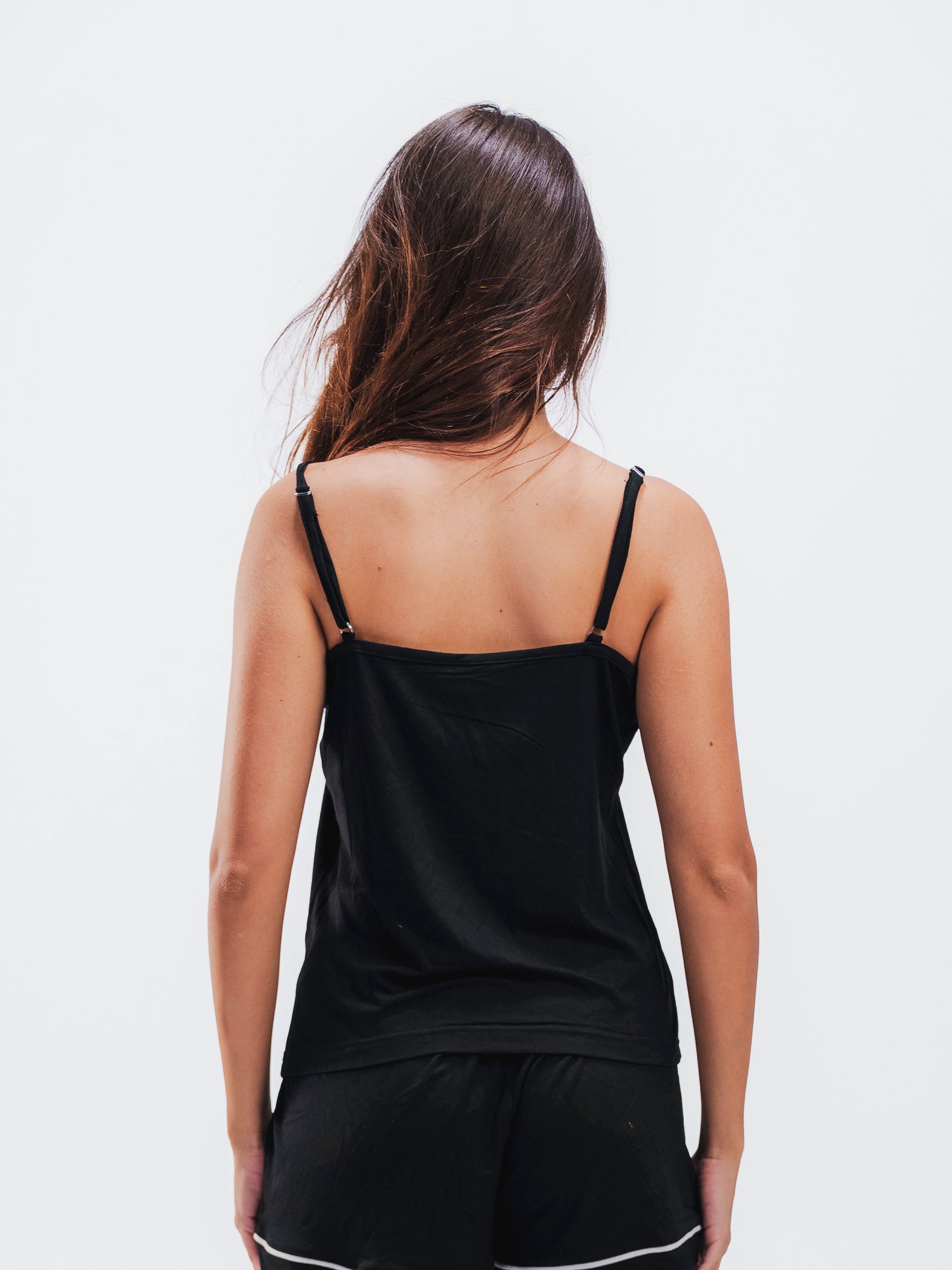 BLACK PIPED SPAGHETTI SHORT SET