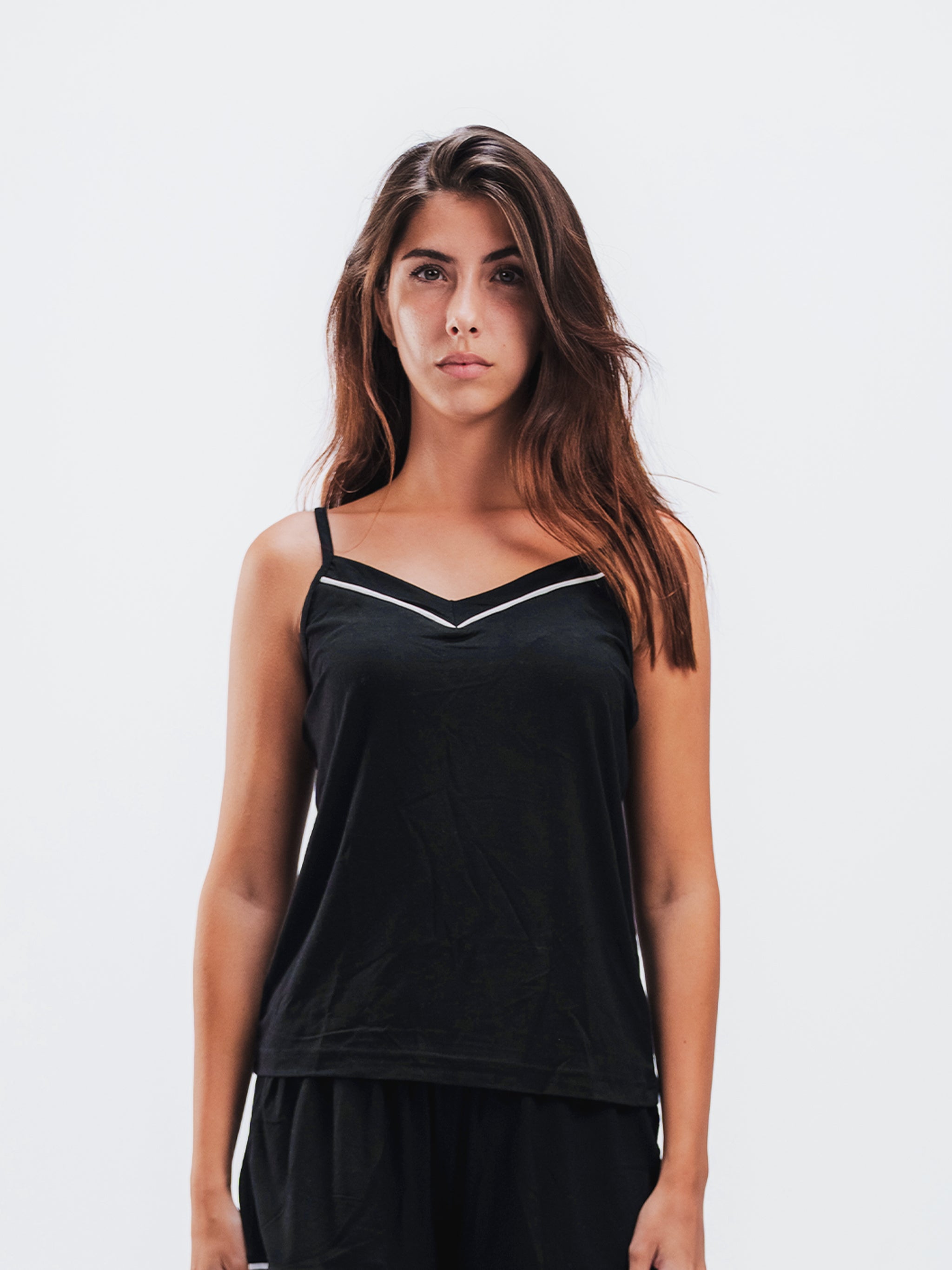 BLACK PIPED SPAGHETTI SHORT SET