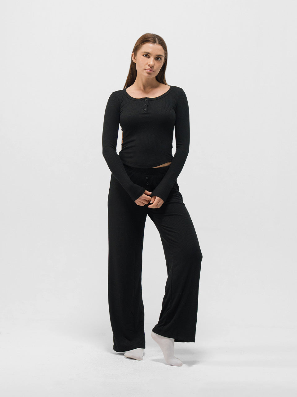 RIBBED COTTON BUTTON UP LONG SLEEVE PANTS SET