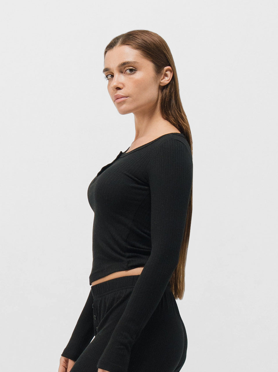 RIBBED COTTON BUTTON UP LONG SLEEVE PANTS SET