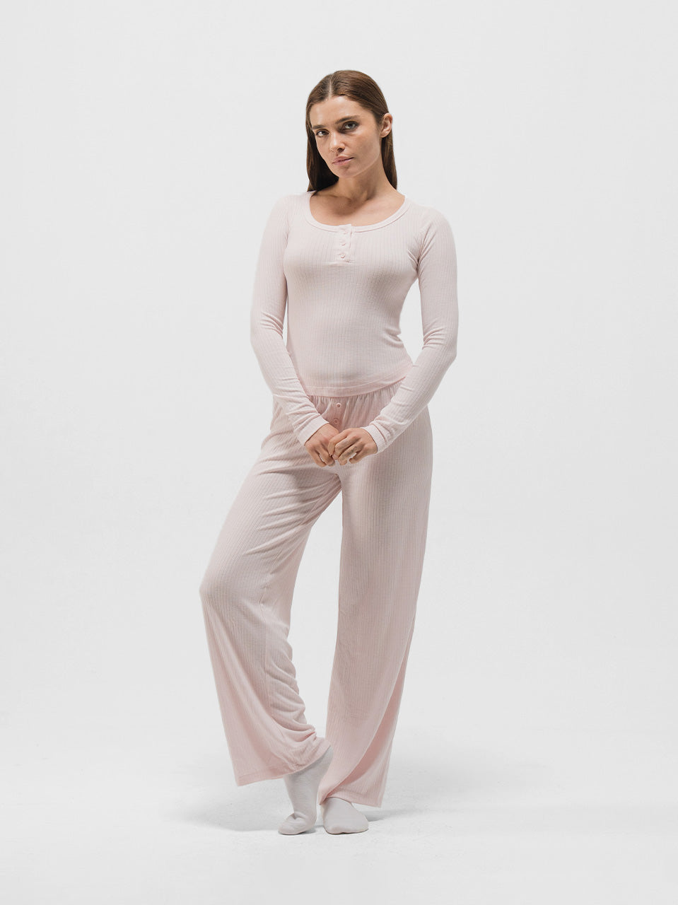 RIBBED COTTON BUTTON UP LONG SLEEVE PANTS SET