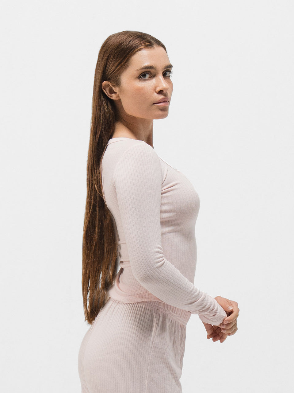 RIBBED COTTON BUTTON UP LONG SLEEVE PANTS SET