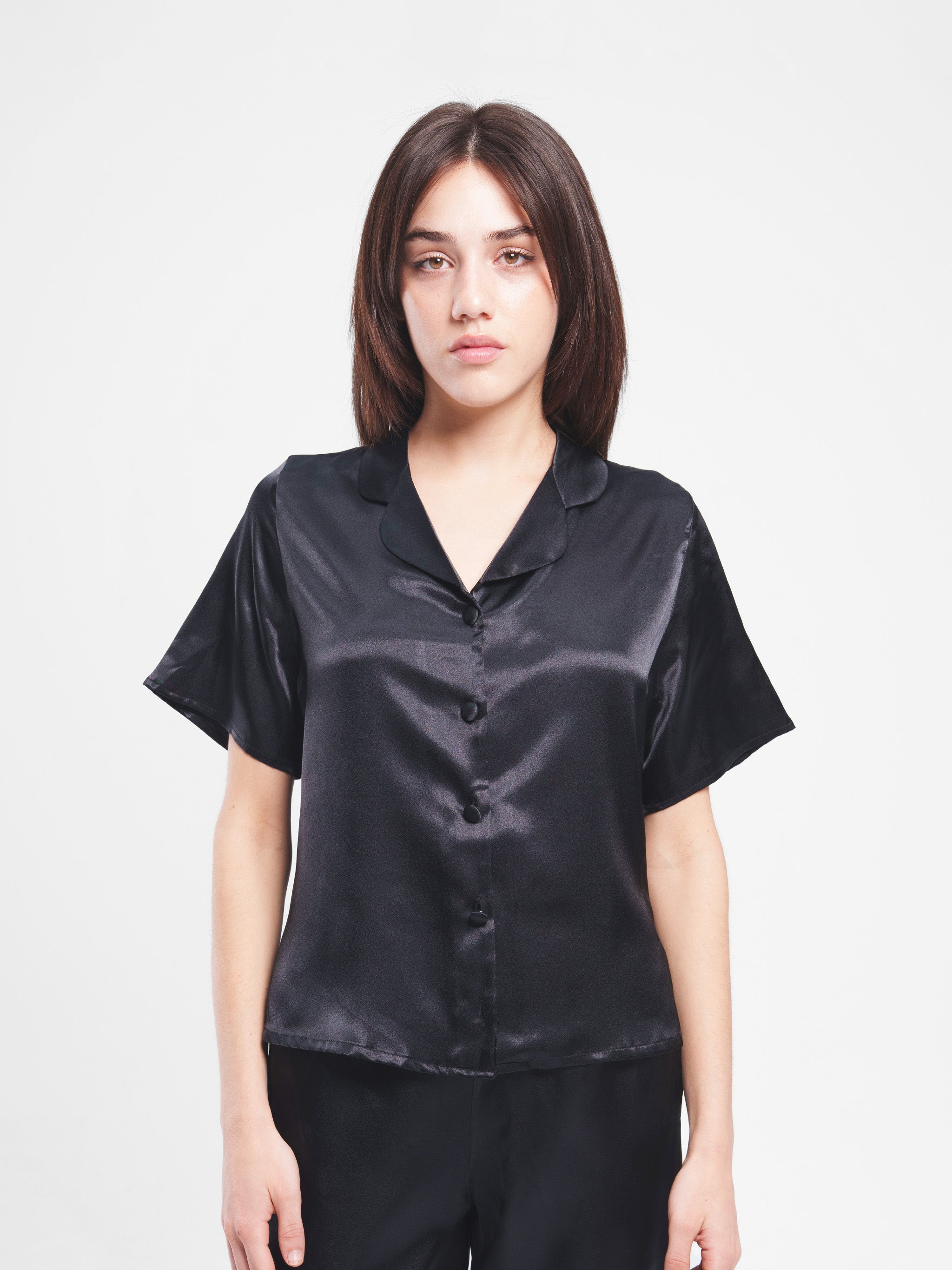 BLACK SATIN BUTTON UP SET