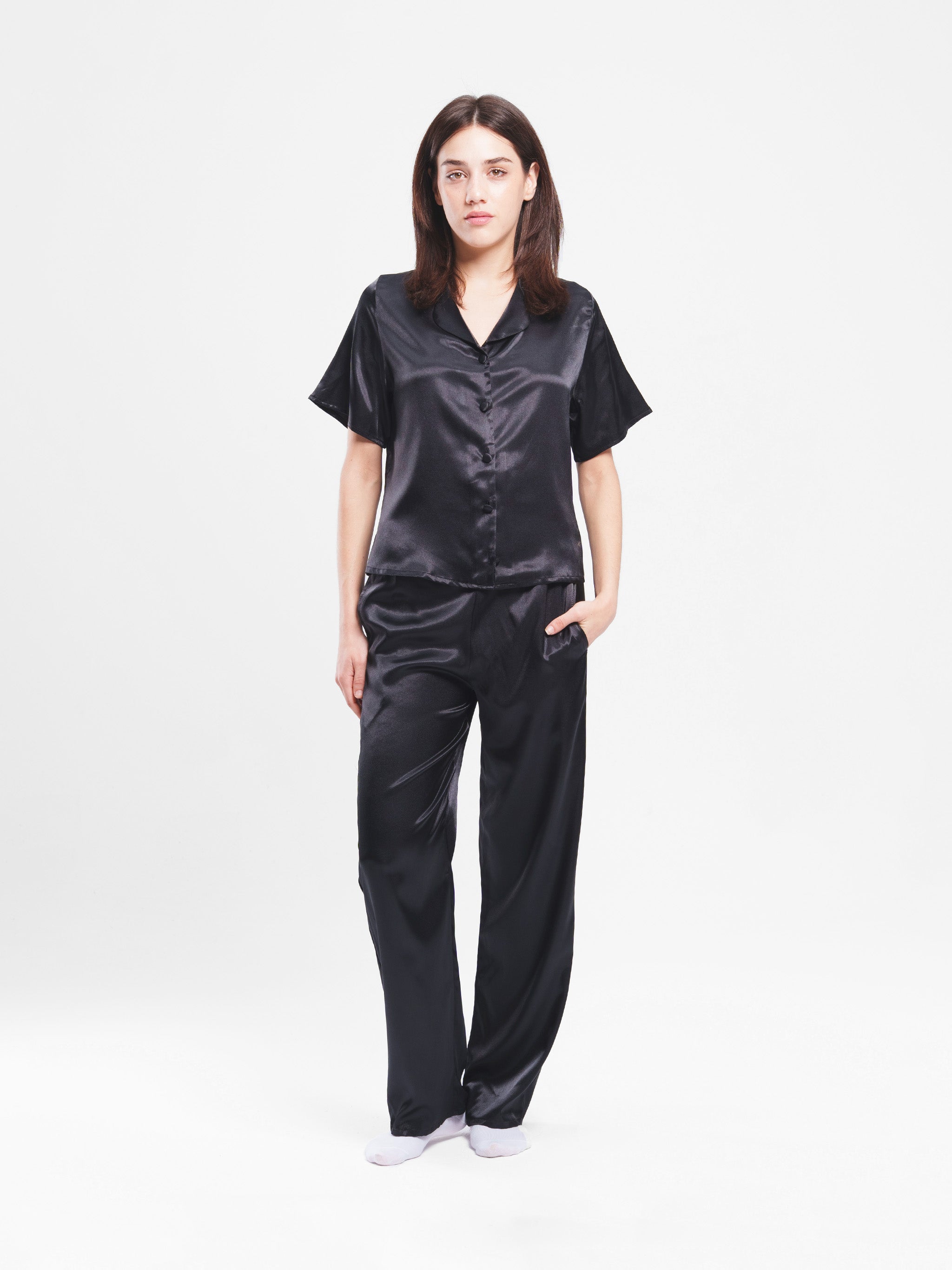 BLACK SATIN BUTTON UP SET