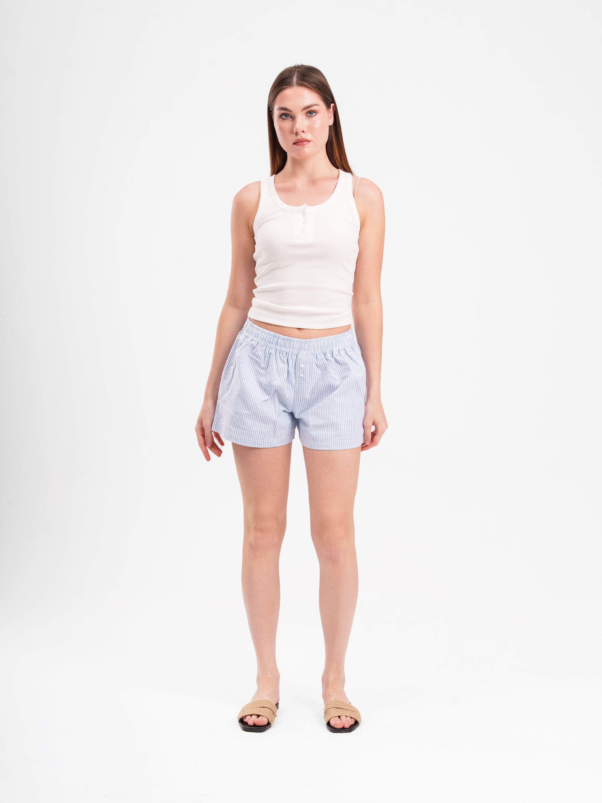 BLUE STRIPED LINEN SHORTS