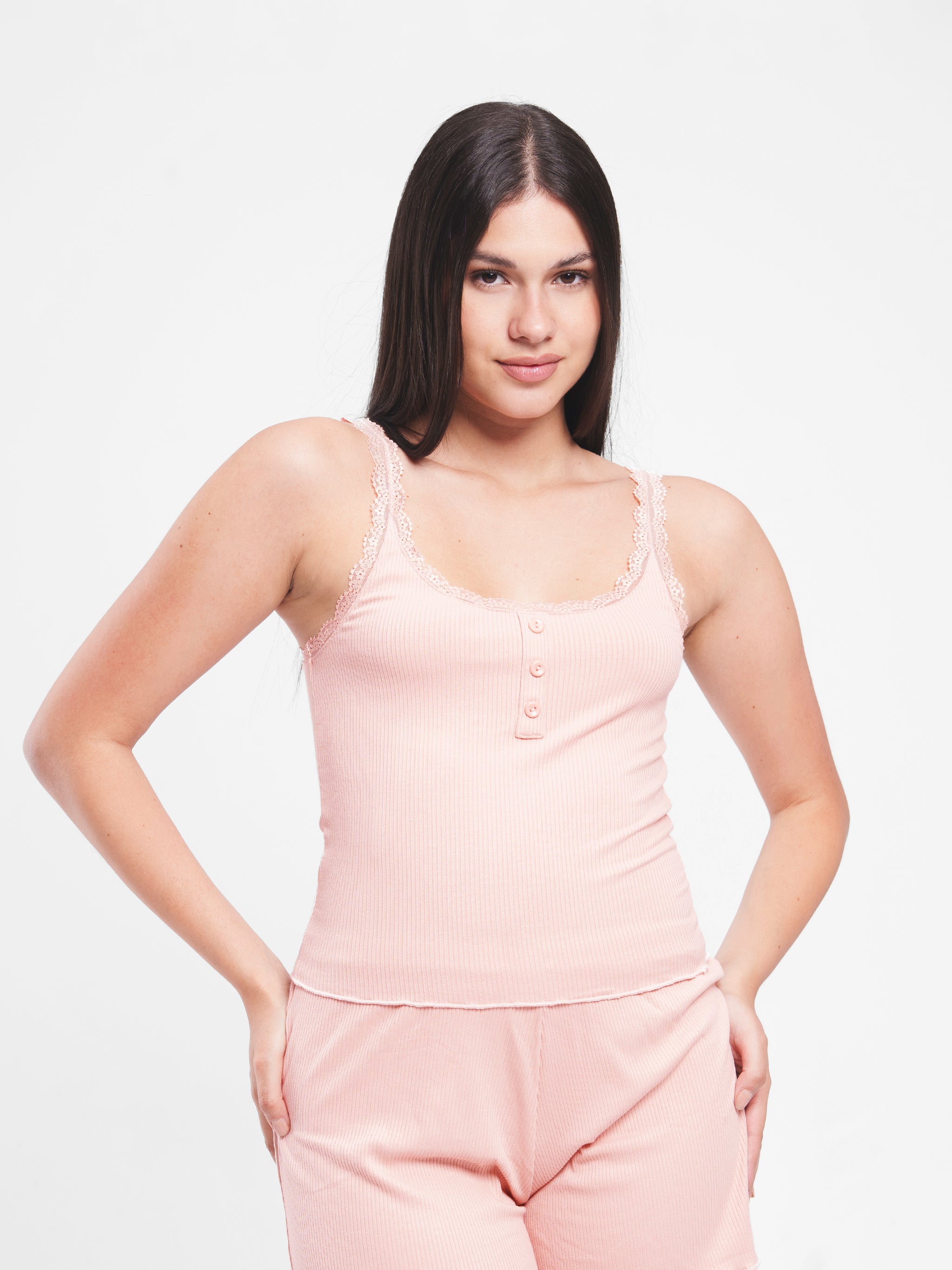 CORAL RIBBED LACE BUTTON UP SET