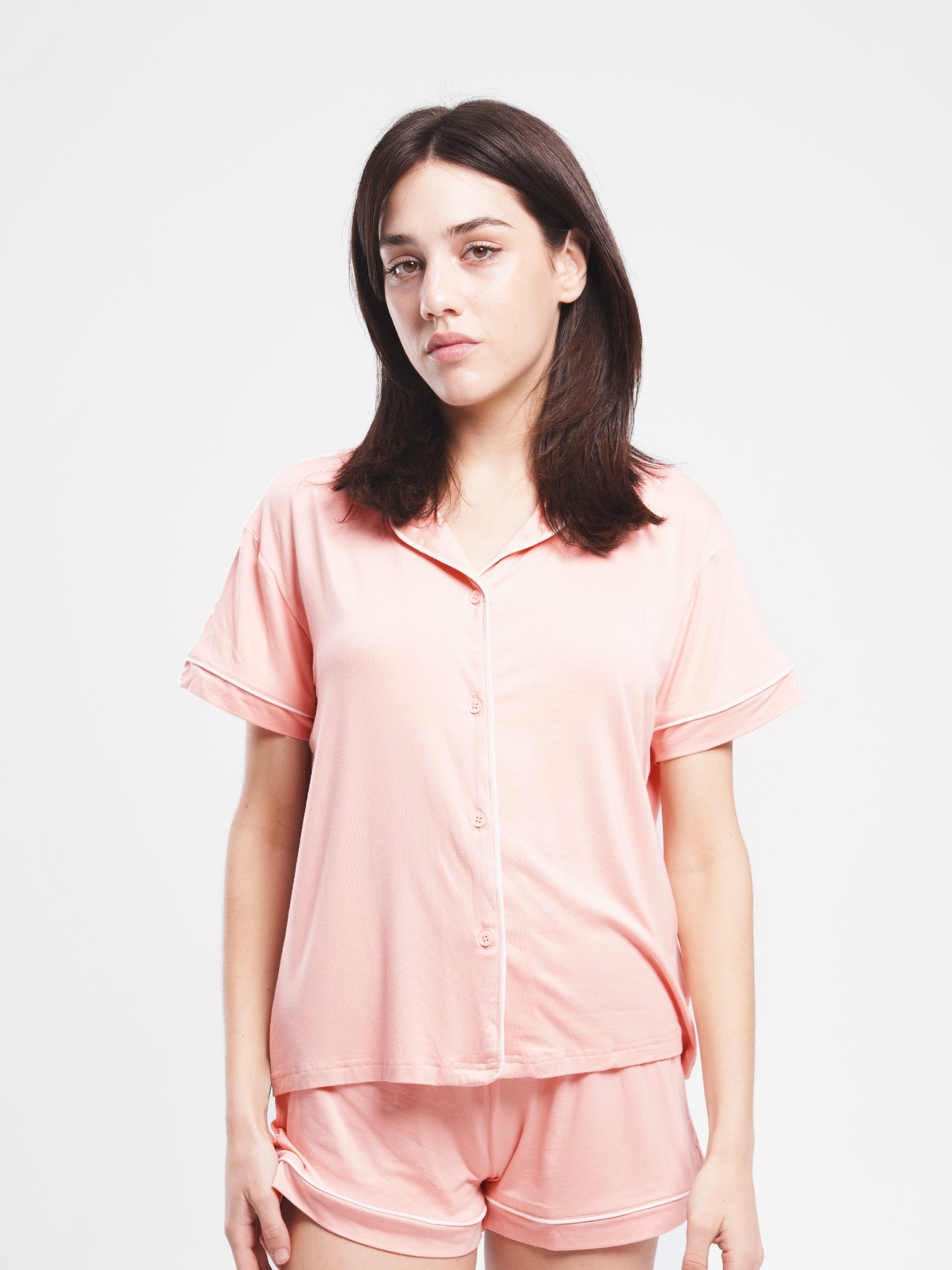 CORAL COTTON BUTTON UP PIPED SET