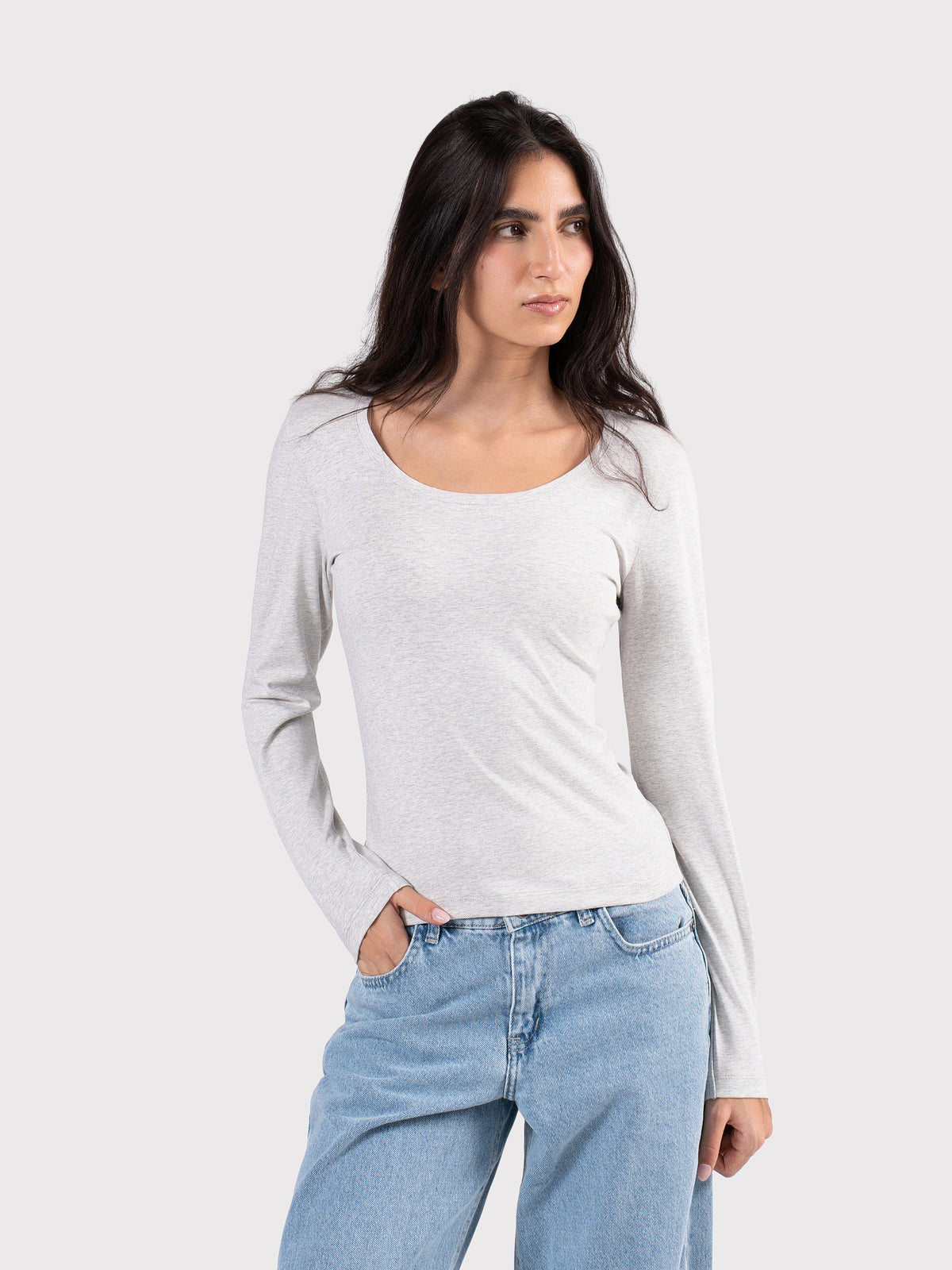 U-SHAPED LONG SLEEVE TOP CLOUD-GREY