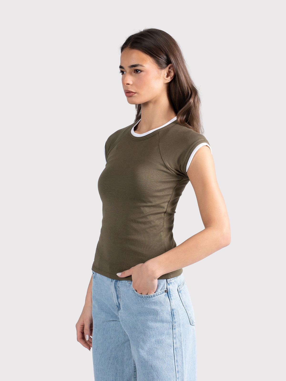 TWO TONE CAP SLEEVE TEE OLIVE