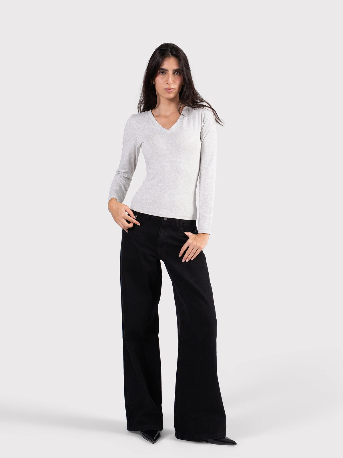 V-NECK LONG SLEEVE TOP CLOUD-GREY