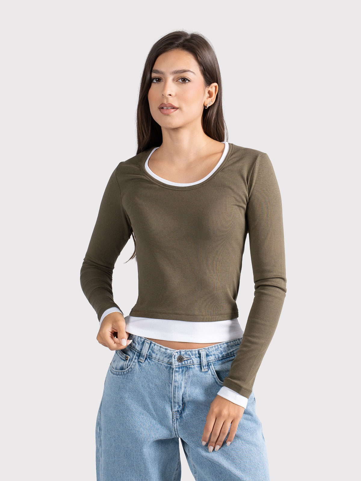 TWO TONE LONG SLEEVE TEE OLIVE