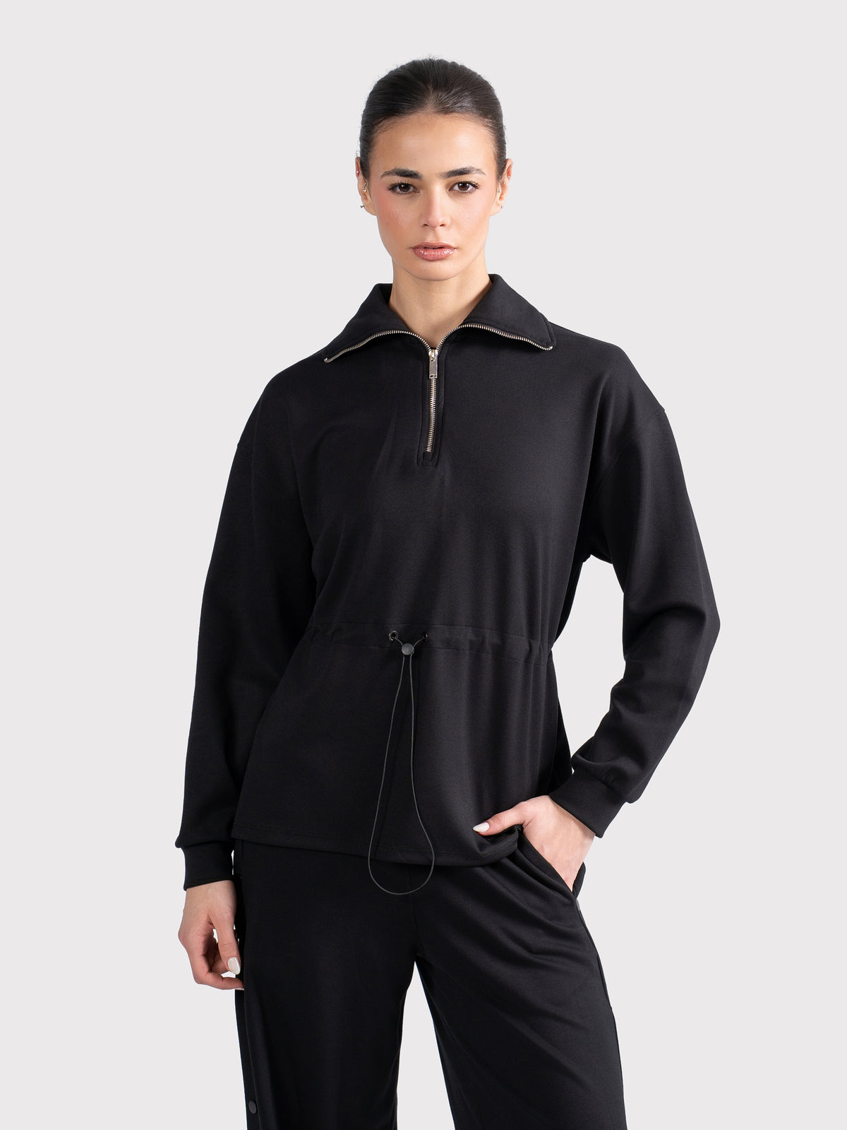 BREATHABLE CINCH SWEATER - BLACK