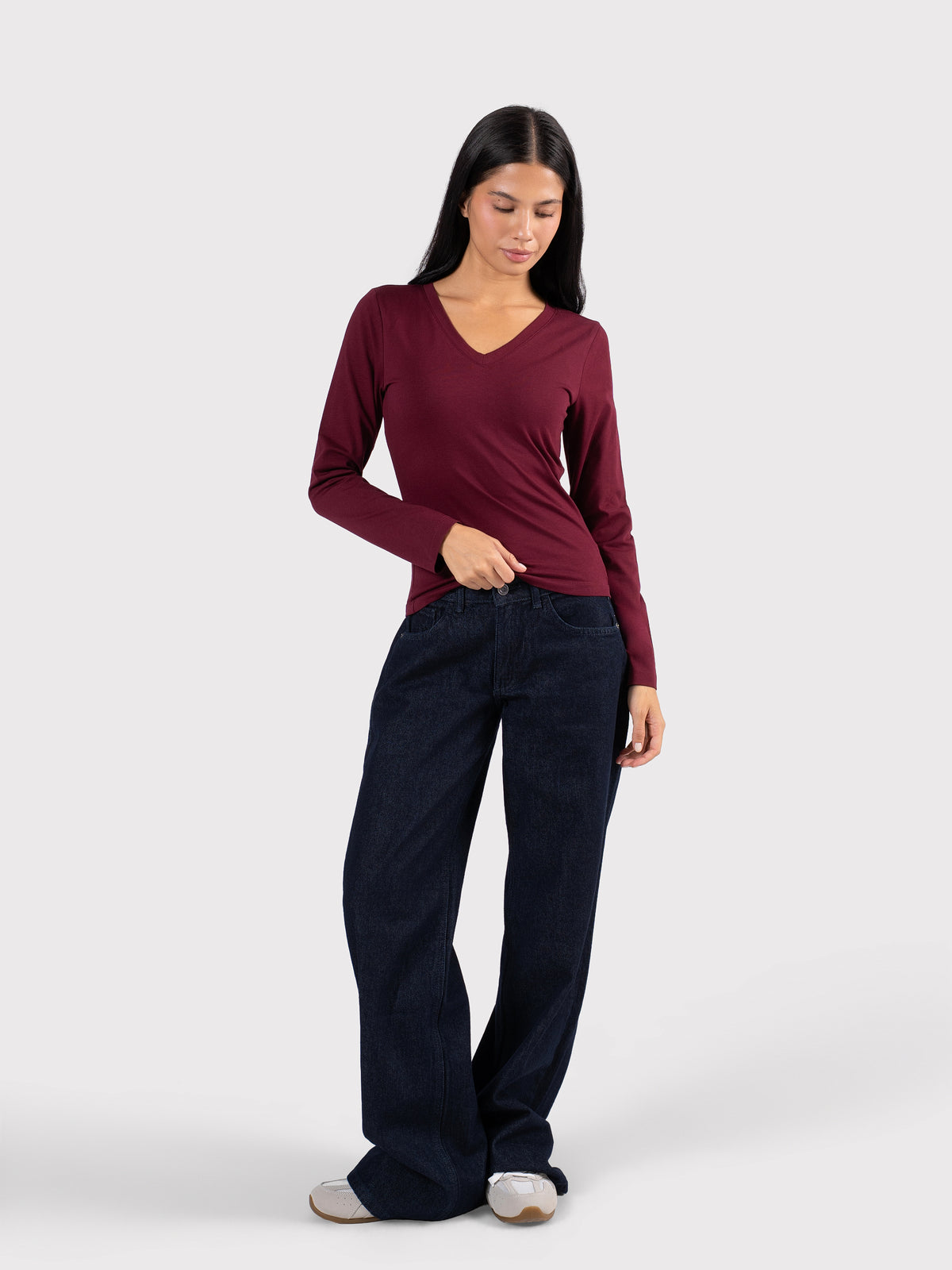 V-NECK LONG SLEEVE TOP BURGUNDY