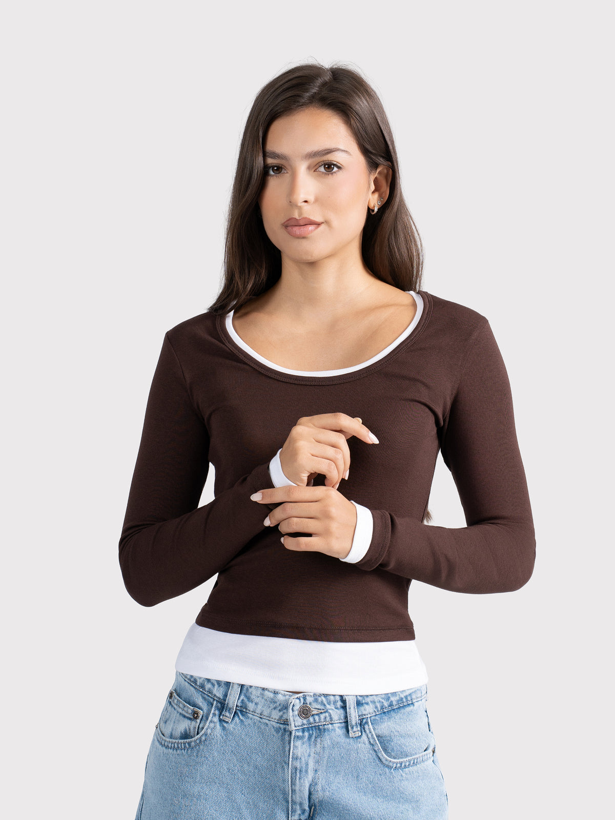 TWO TONE LONG SLEEVE TEE BROWN