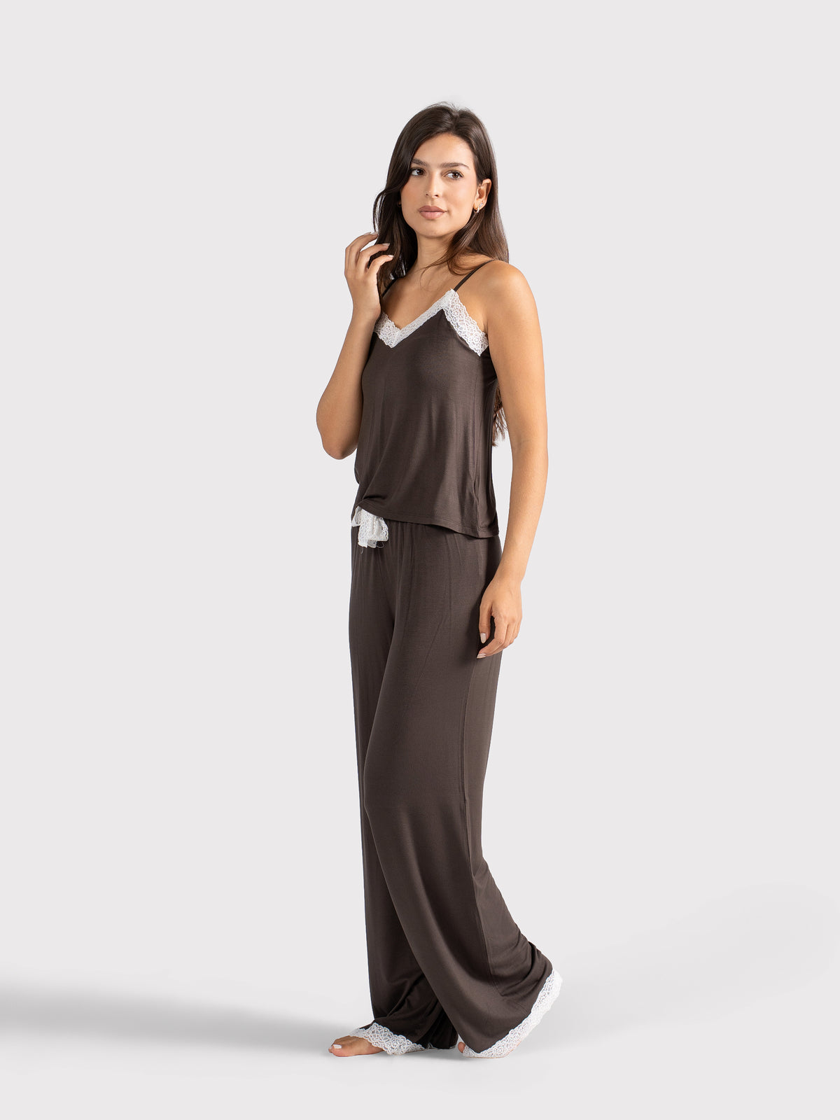 WHITE LACE TRIM CAMI PANTS SET BROWN