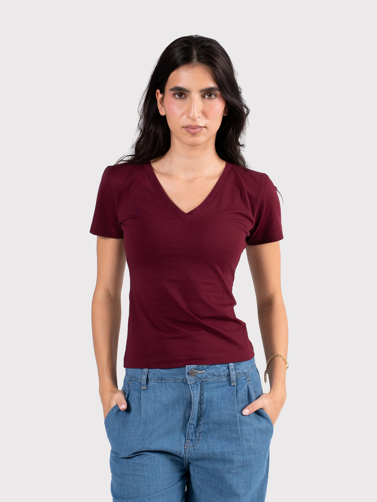 V-NECK SHORT SLEEVE TOP BURGUNDY