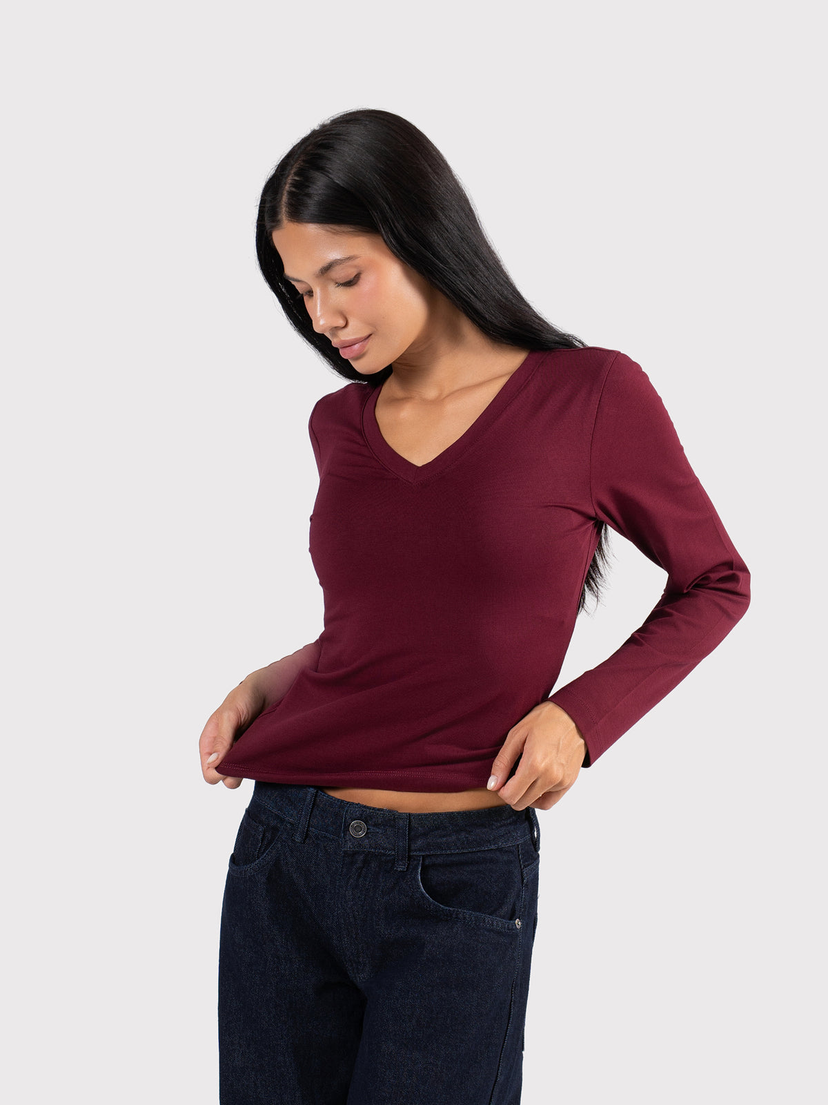 V-NECK LONG SLEEVE TOP BURGUNDY