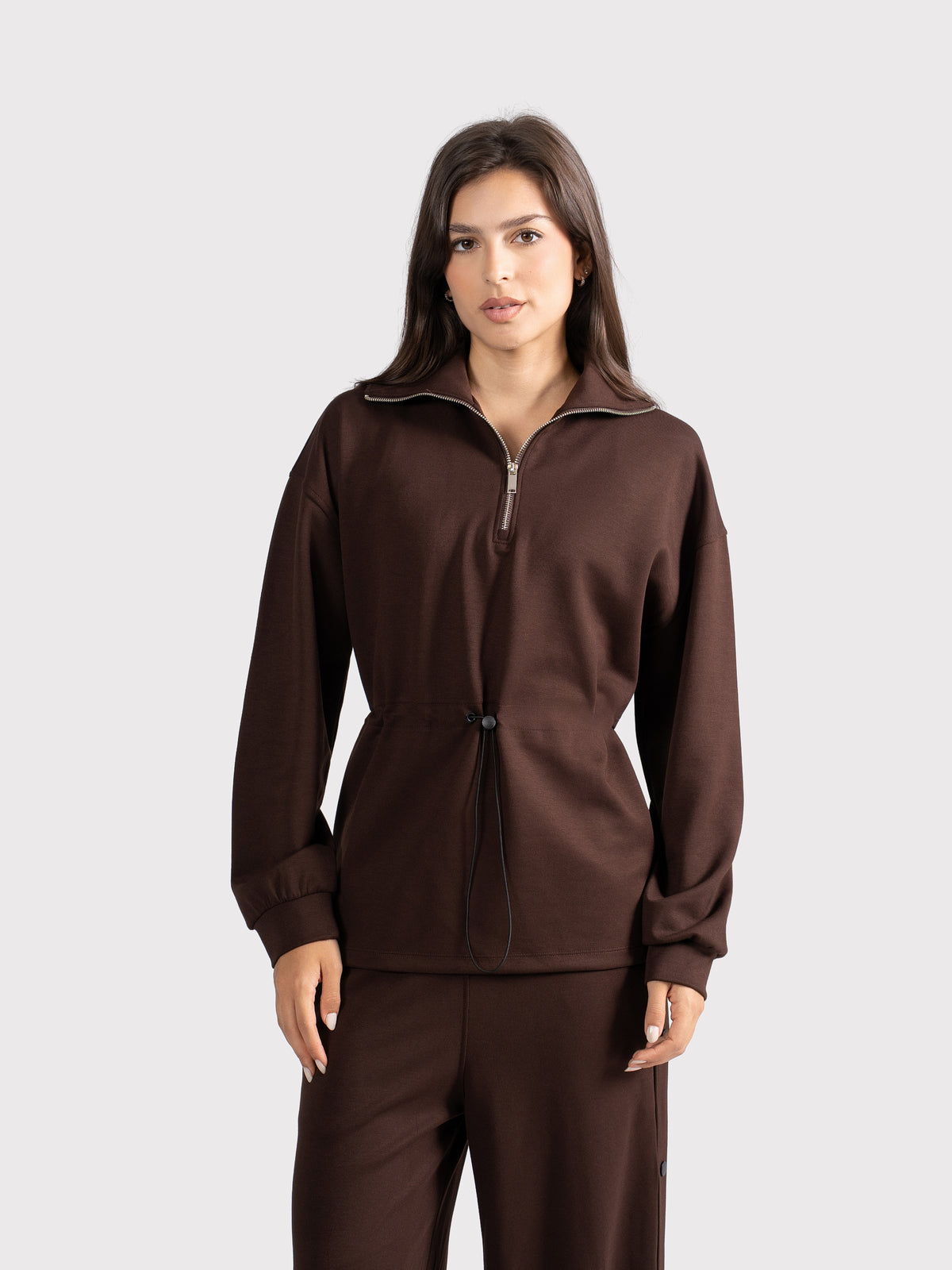 BREATHABLE CINCH SWEATER - BROWN