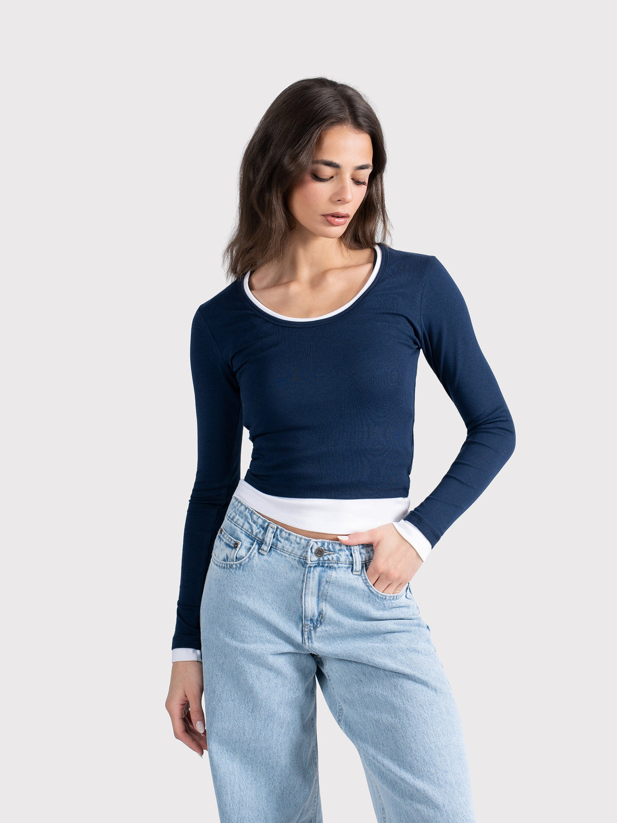 TWO TONE LONG SLEEVE TEE NAVY