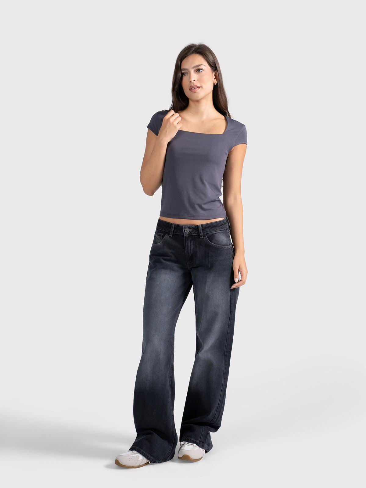 MICROFIBER SQUARE NECK TOP CHARCOAL