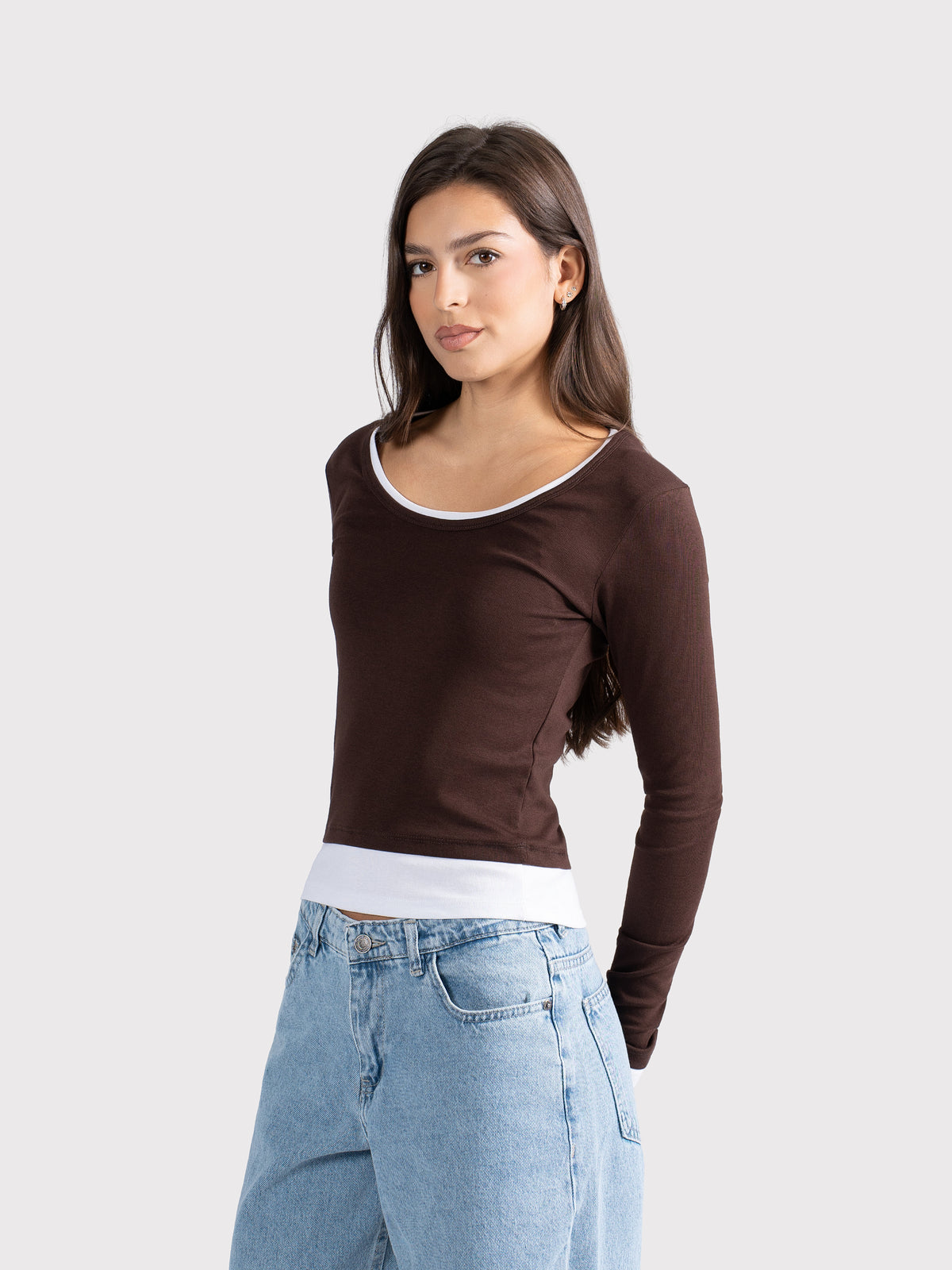 TWO TONE LONG SLEEVE TEE BROWN